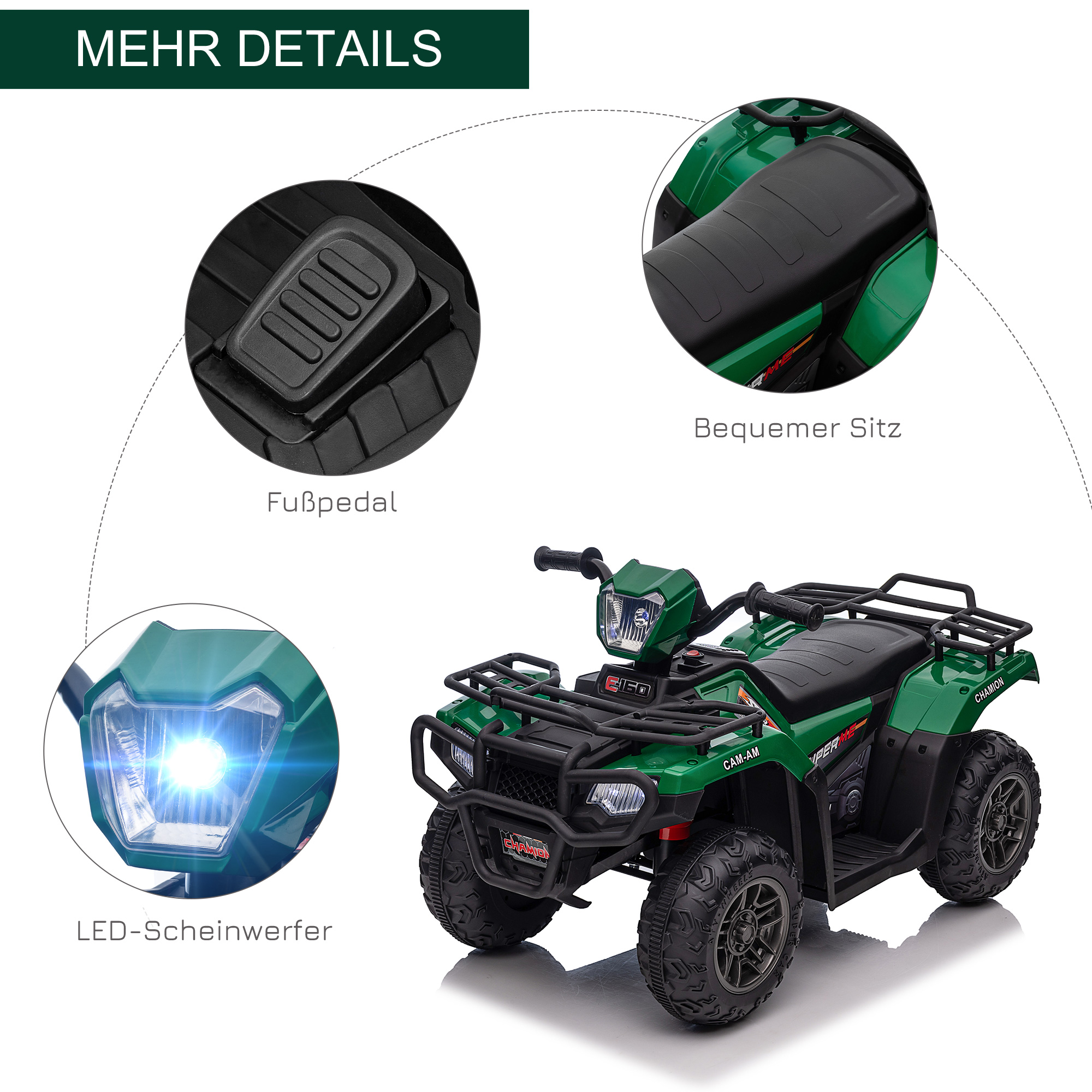 Kinderquad, max, 4 km/h, ab 3 Jahren, LED-Scheinwerfer, Musikanschluss, schwarz+grün 88 x 45 x 50 cm