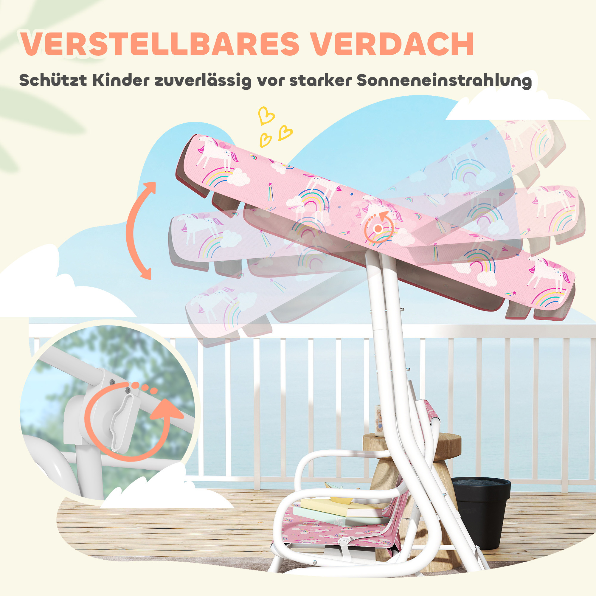 2-Sitzer Kinder Hollywoodschaukel mit verstellbarem Sonnendach, Sicherheitsgurt, für 3-6 Jahre Kinder bis 60 kg Rosa
