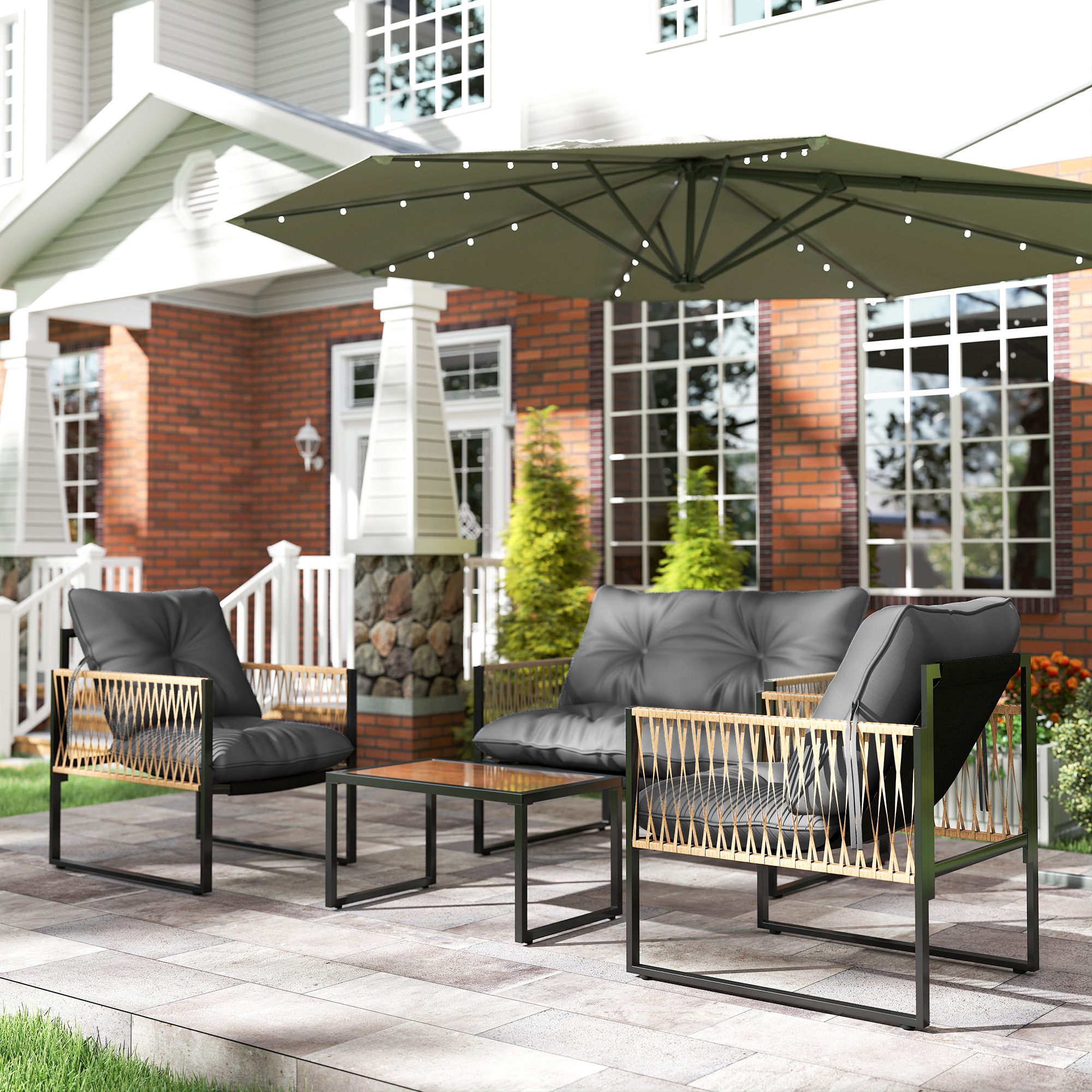 Gartenmöbel-Set, 4-teilig, Sofa, 2 Stühle, Tisch mit Glasplatte, Metallgestell, Polyrattan, Anthrazit