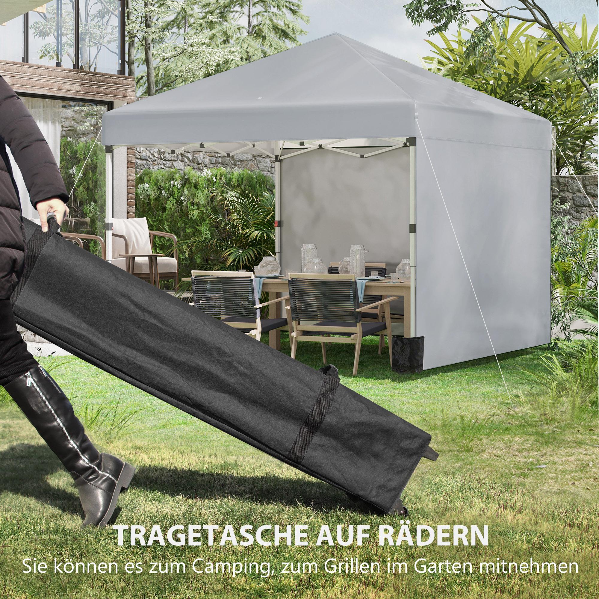 Faltpavillon, zwei Seitenwände, Tragetasche, Stahlrahmen, hellgrau, 3 x 3 x 2,7 m