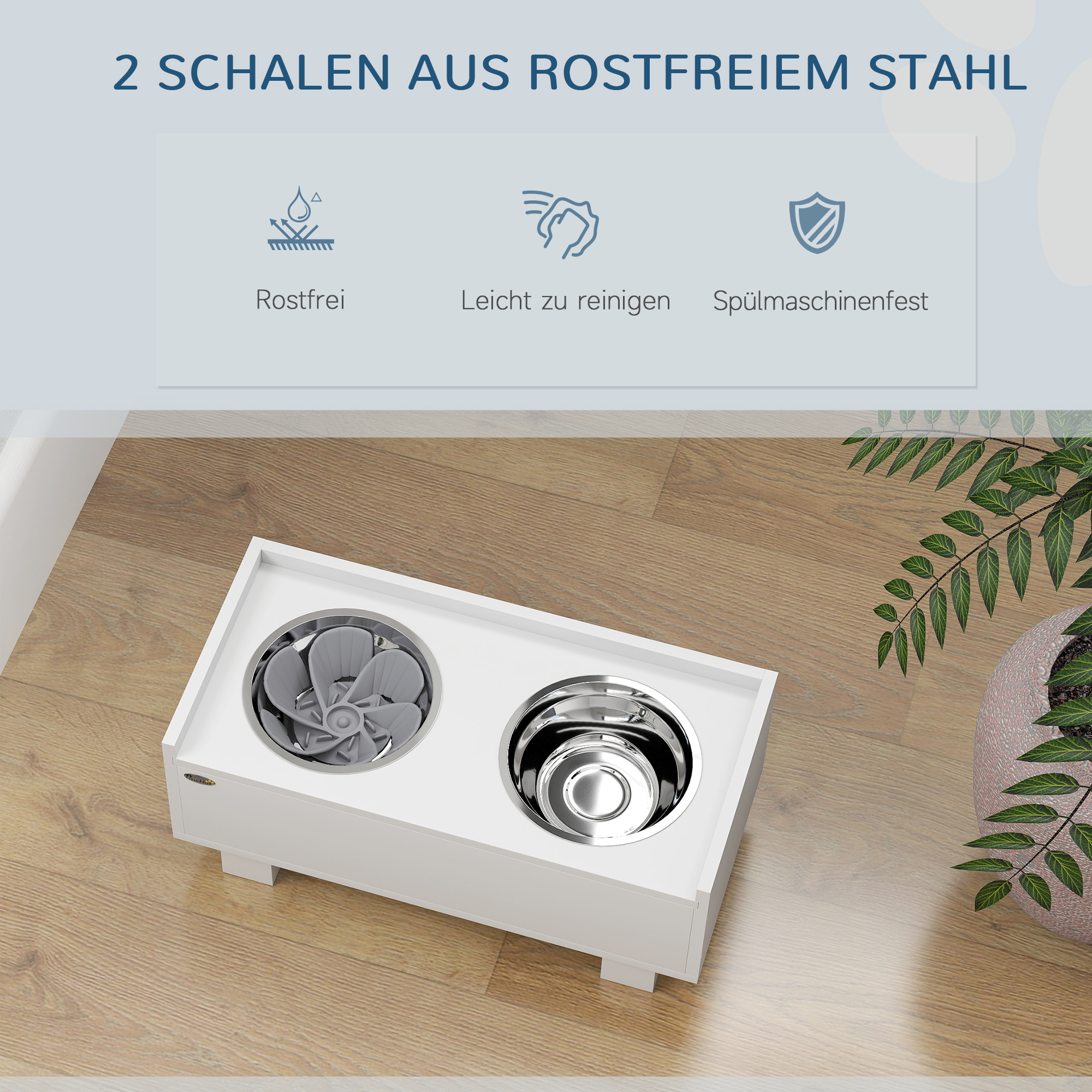 Erhöhte Fütterungsstation für Hunde, mit abnehmbarer Slow-Feeder-Matte, 2 Aluminiumschüsseln, Stauraum, Weiß