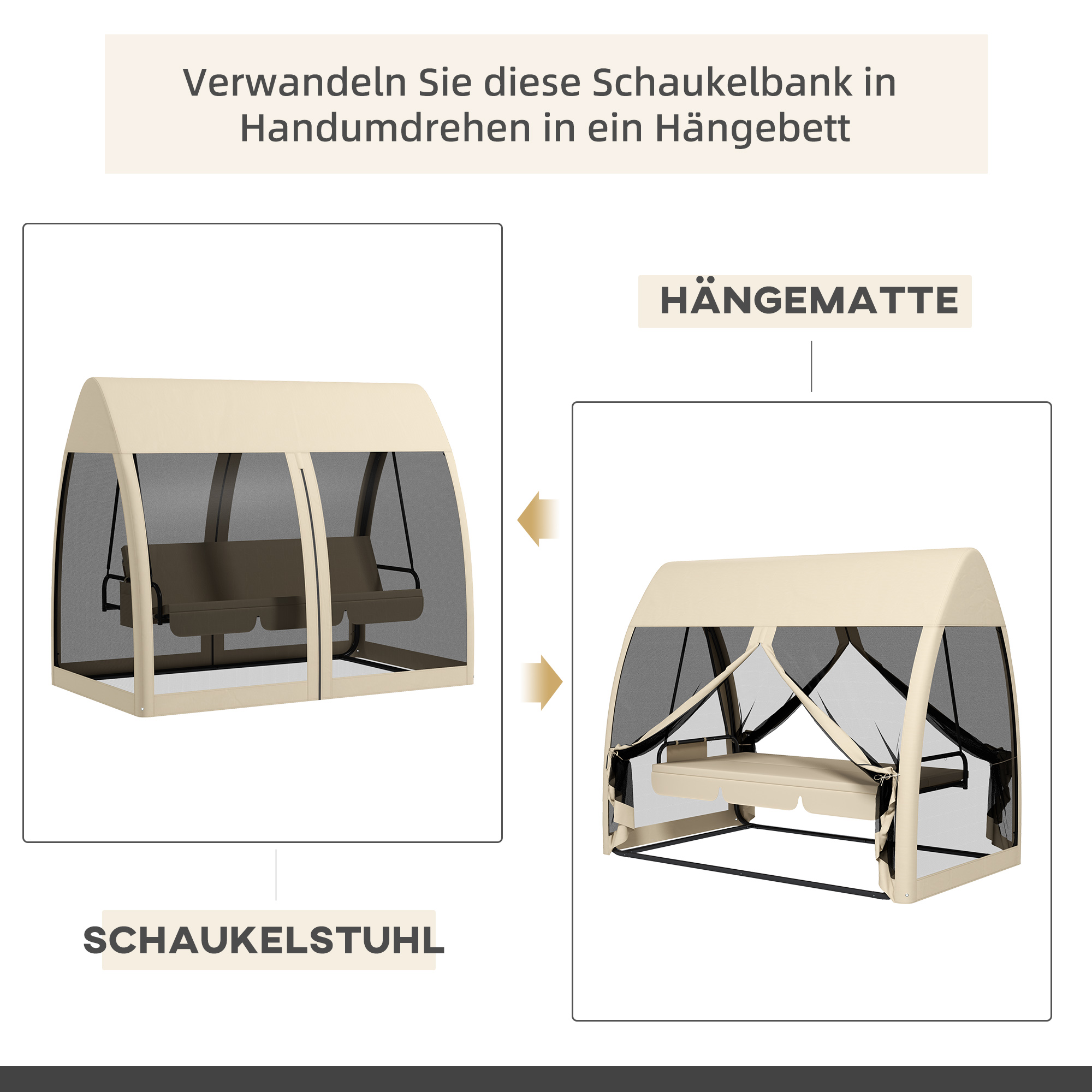 3-Sitzer-Terrassen-Schaukel, Veranda-Schaukel mit Bettfunktion, Hollywoodschaukel mit Mückennetz und Stahlrahmen, Kaffee