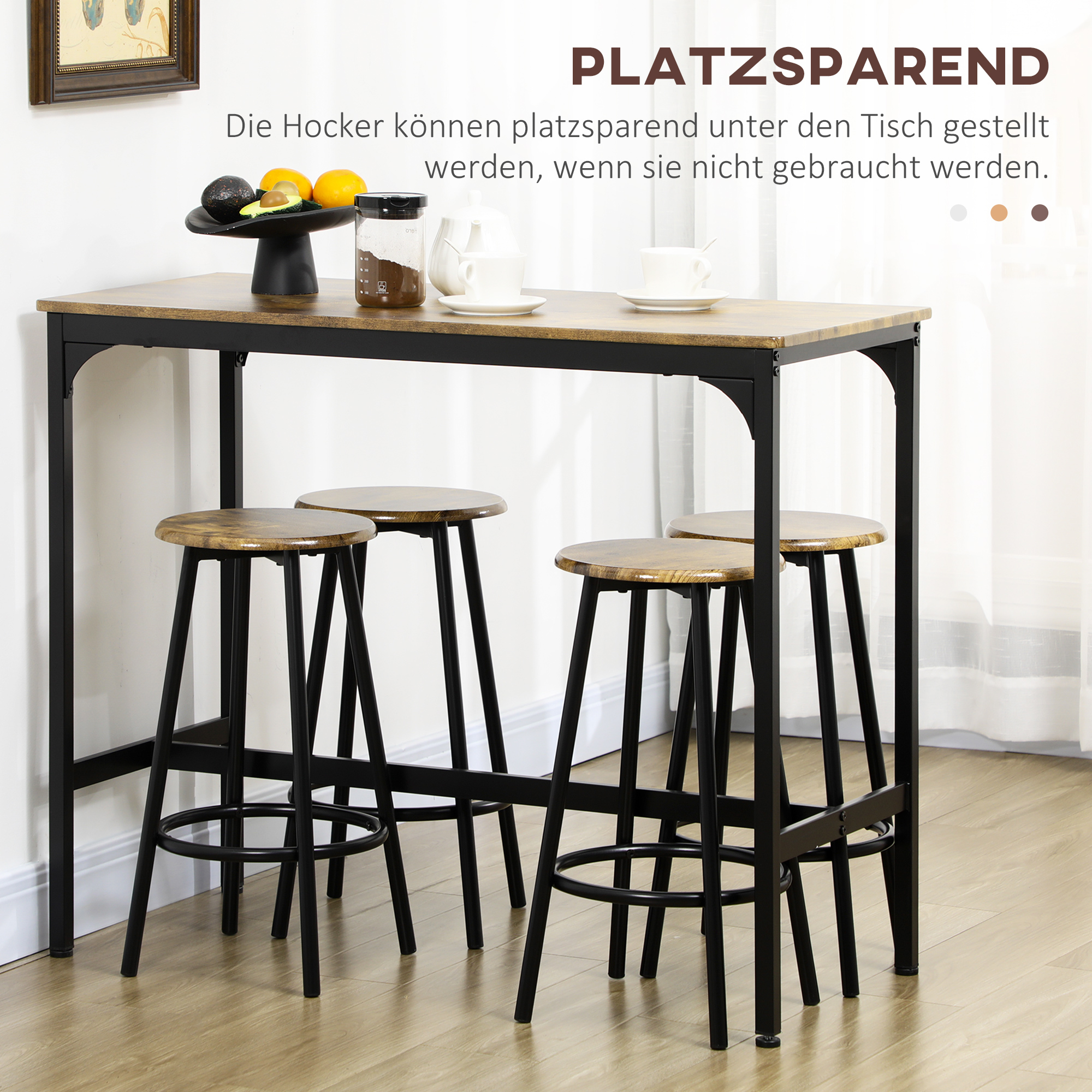 5-tlg, Bartisch-Set im Industriedesign, 1 Bartisch, 4 Barhocker, Sitzgruppe, Küchentresen, Schwarz + Braun