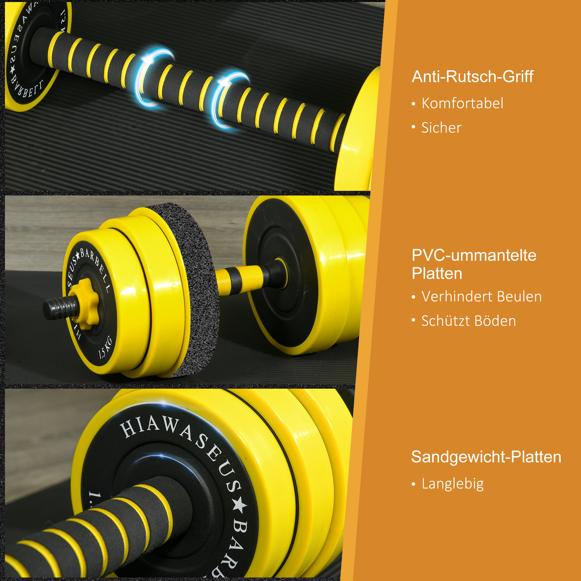 25 kg Hantel & Langhantel,Einstellbare ergonomische 3-in-1 Hantelset,12 × Platten,2 × Kurze Stöcke,1 × Langer Stock,Gelb+Schwarz