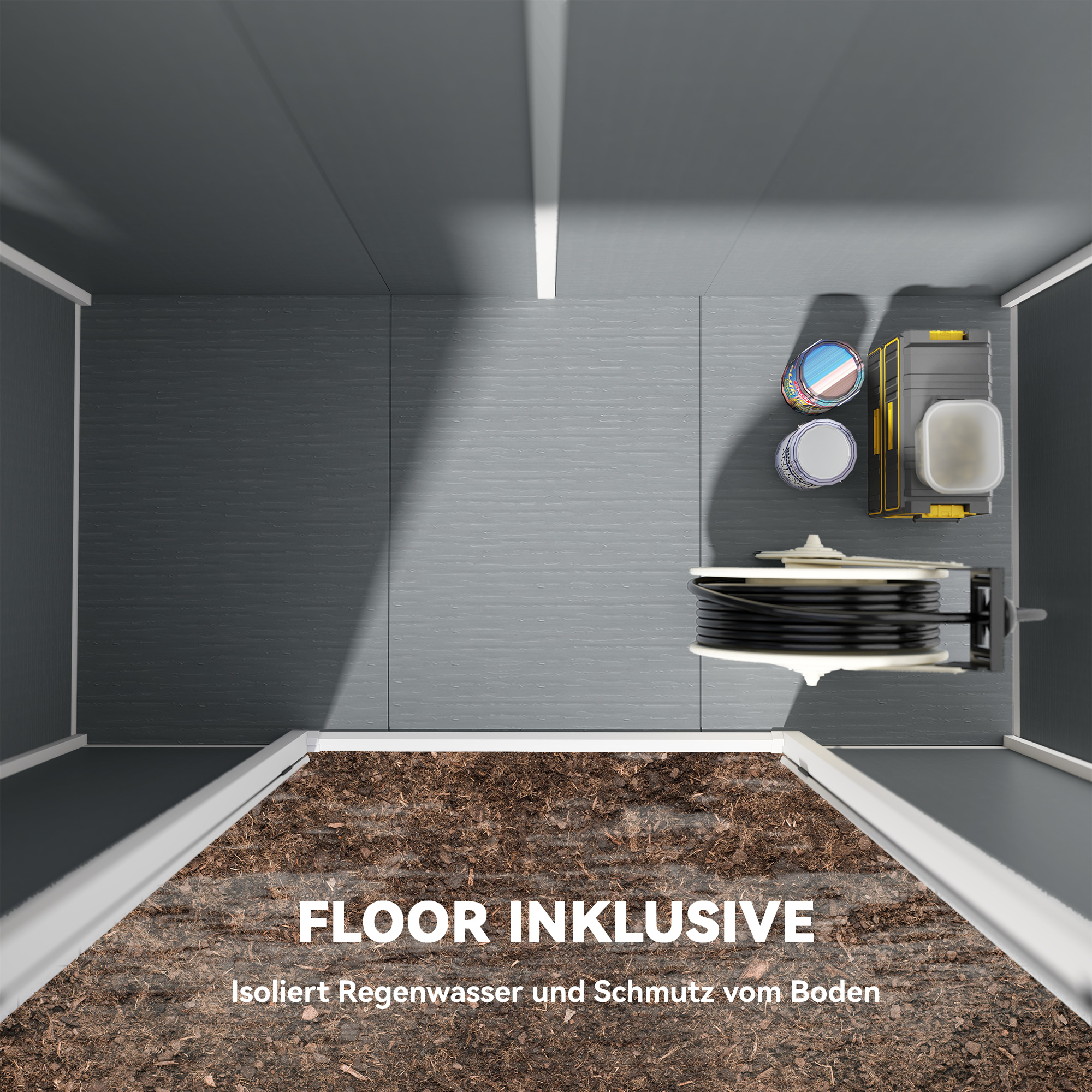 2,4 x 1,3 m Gartenschuppen, Kunststoff-Gartenhaus mit Boden, Fenster, verschließbare Türen, für Garten, Terrasse, Grau