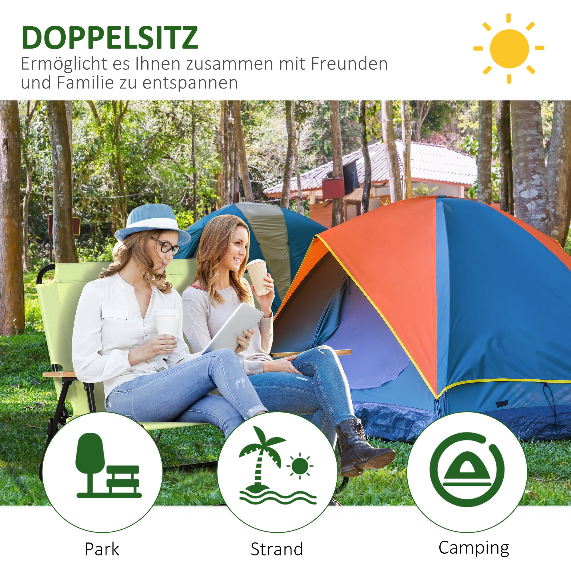 2-Sitzer Campingstuhl, klappbar, mit Getränkehalter, 141 x 67 x 80 cm, Grün