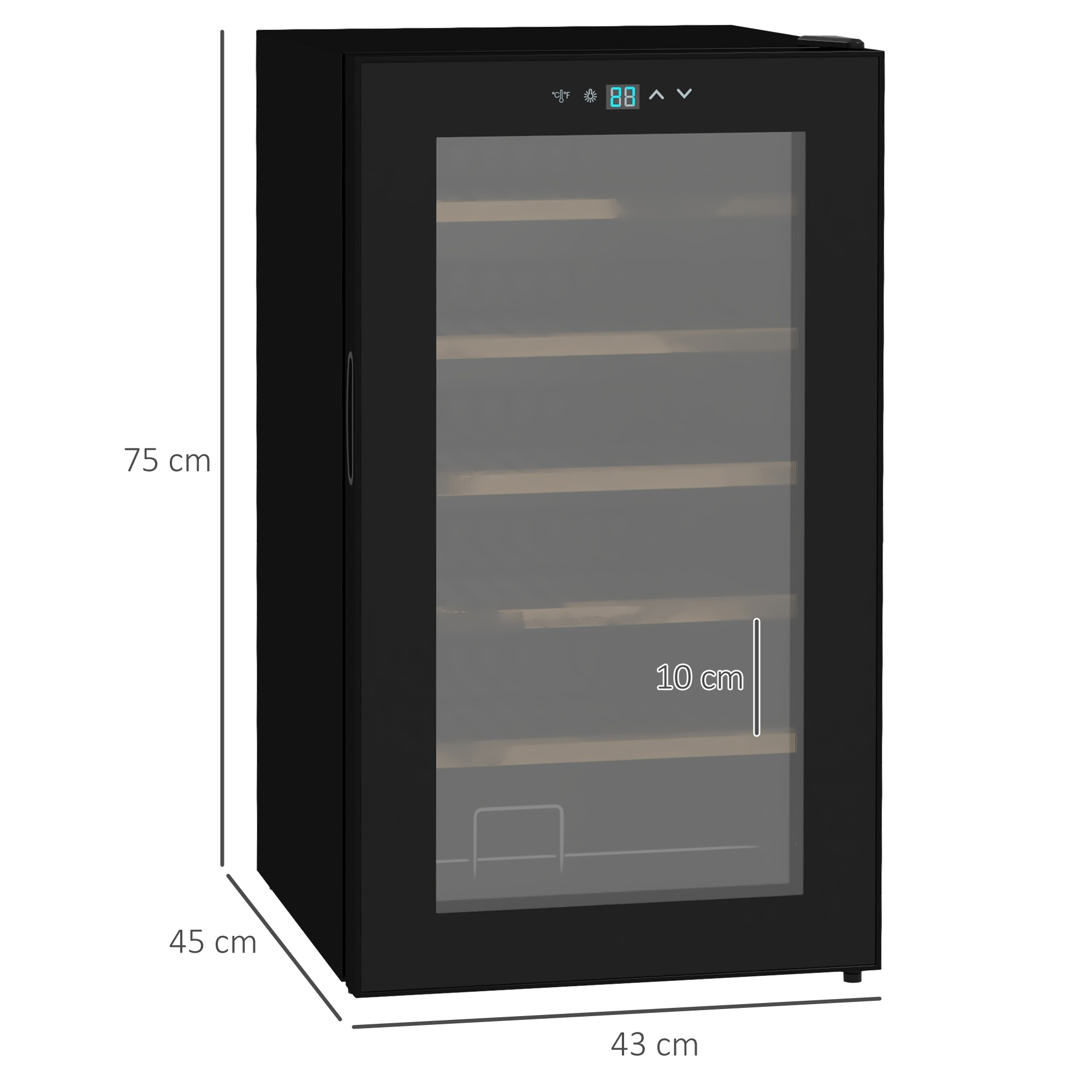 Weinkühlschrank klein Wohnzimmer für 24 Flaschen, einstellbare Temperatur 5 bis 20° C, LED-Beleuchtung, schwarz, 43 x 45 x 75 cm