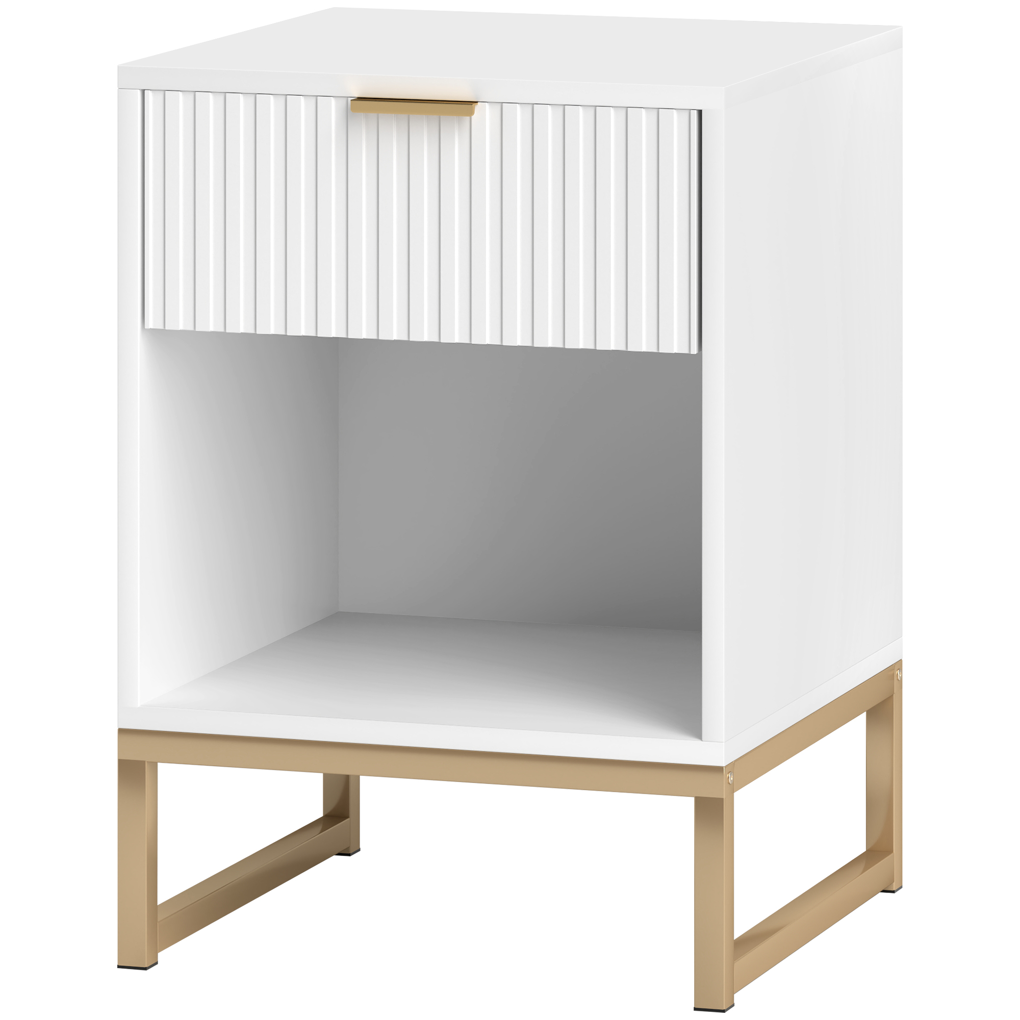 Nachttisch mit Schublade und Regal, Stauraum und Metallbeinen, für Schlafzimmer, Wohnzimmer, Weiß
