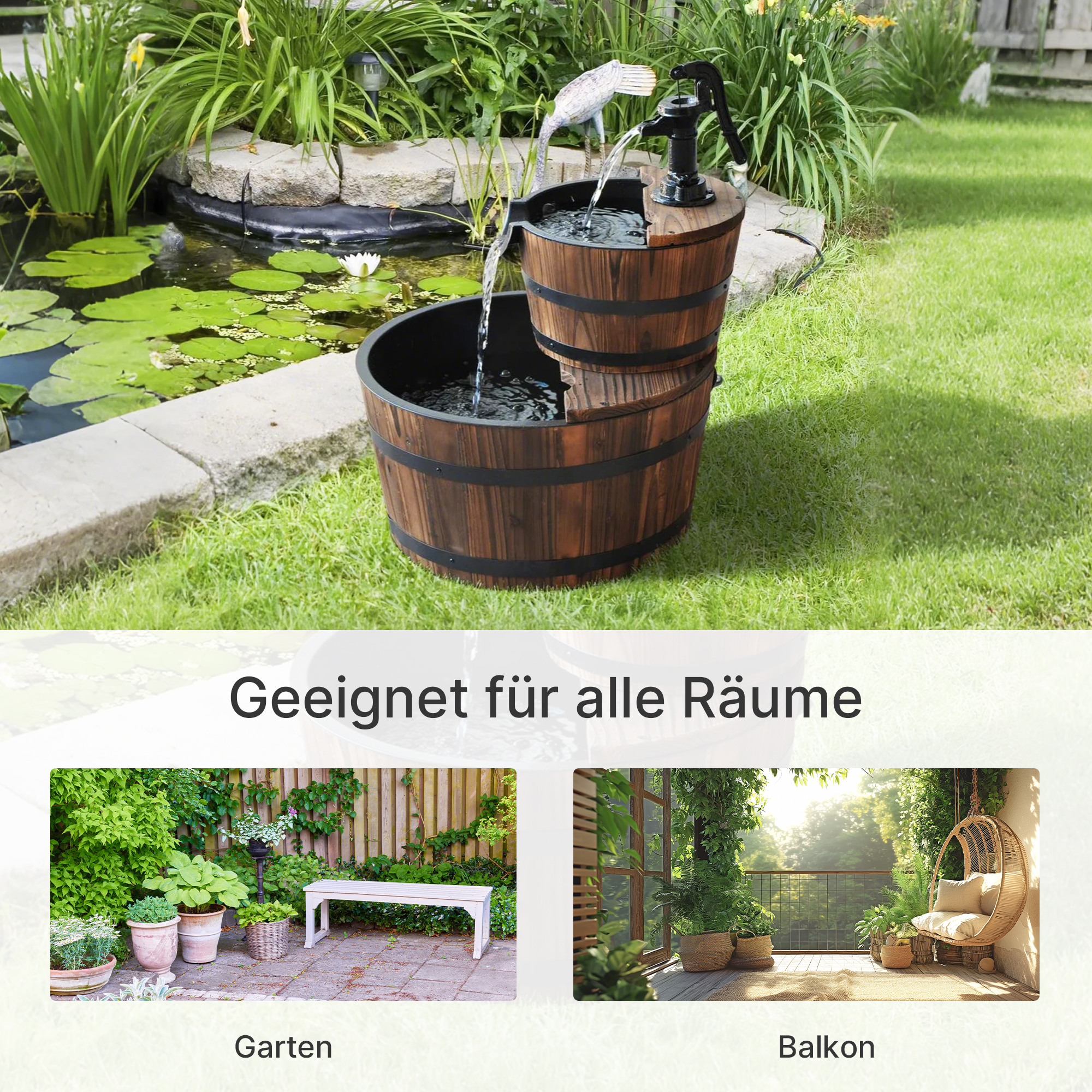 Kaskadenbrunnen 2-stufig Gartenbrunnen Zierbrunnen Zimmerbrunnen Wasserspiel Wasserfall Wasserpumpe Tannenholz Dunkelbraun 44,5 x 44,5 x 58,5 cm