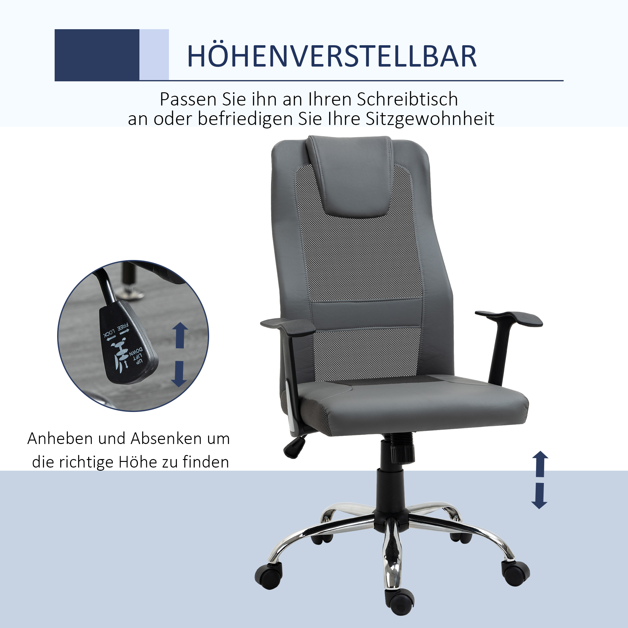 Bürostuhl Drehstuhl höhenverstellbar Chefsessel Schreibtischstuhl ergonomisch Kunstleder Grau 66 x 73 x 108-118 cm