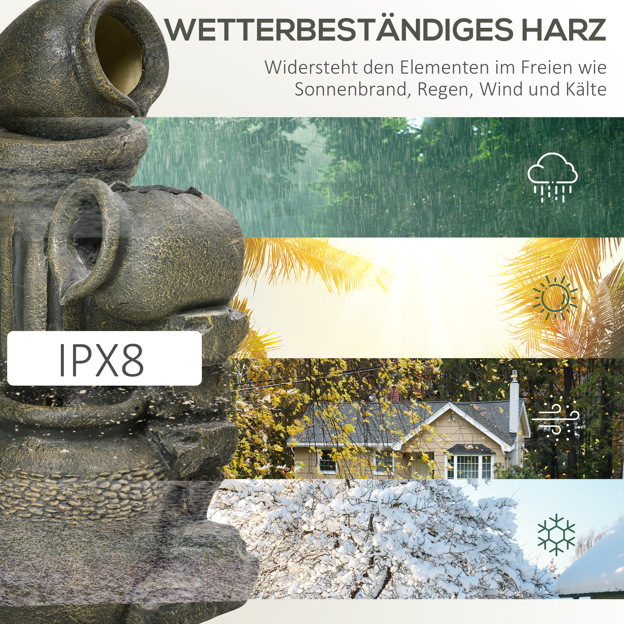 Springbrunnen, verstellbare Pumpe, wetterbeständig, 25 cm x 24 cm x 60 cm, Grau