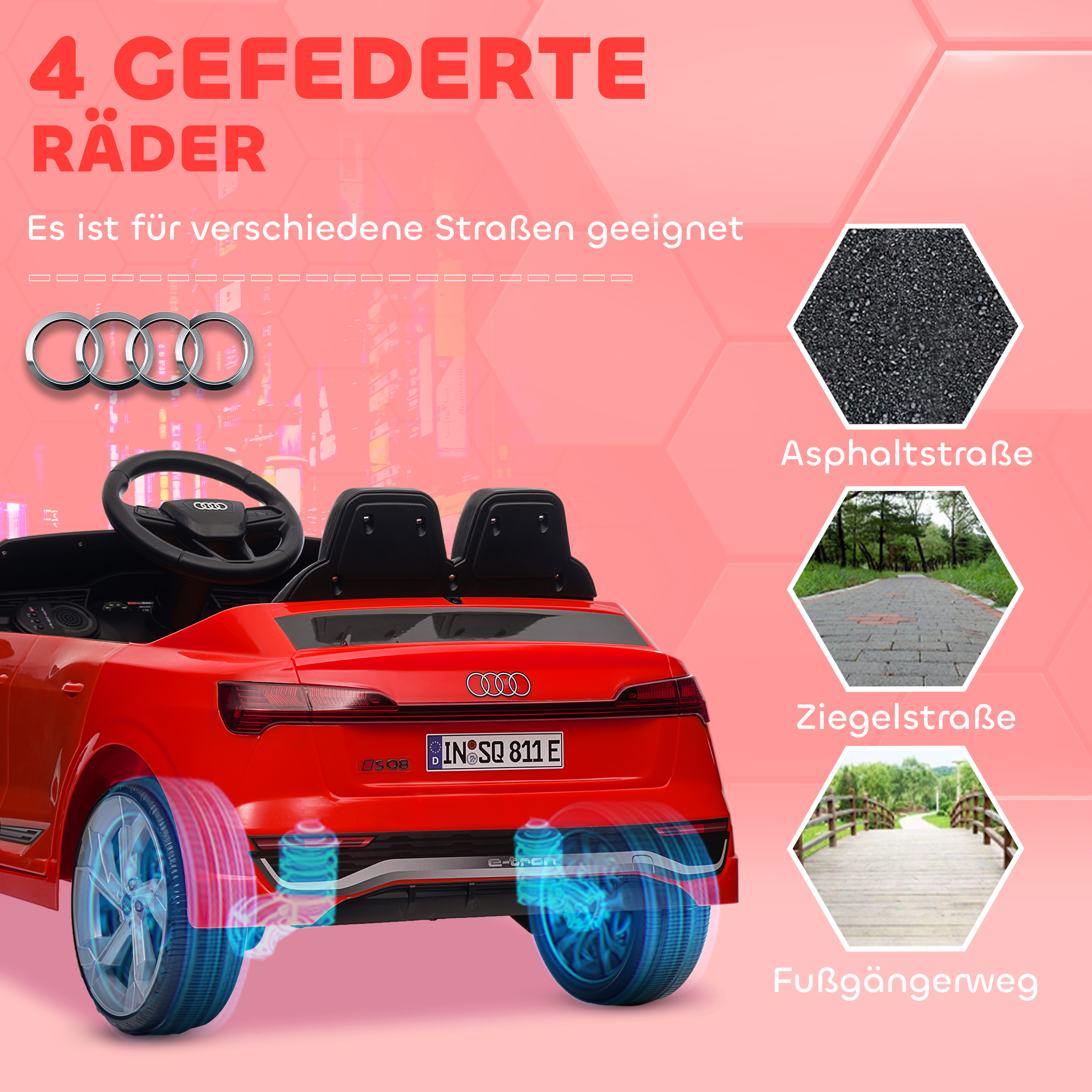 Elektro-Kinderauto, 12V Audi Q8, 3-5 km/h, Fernsteuerung, Scheinwerfer, Musik, Rot
