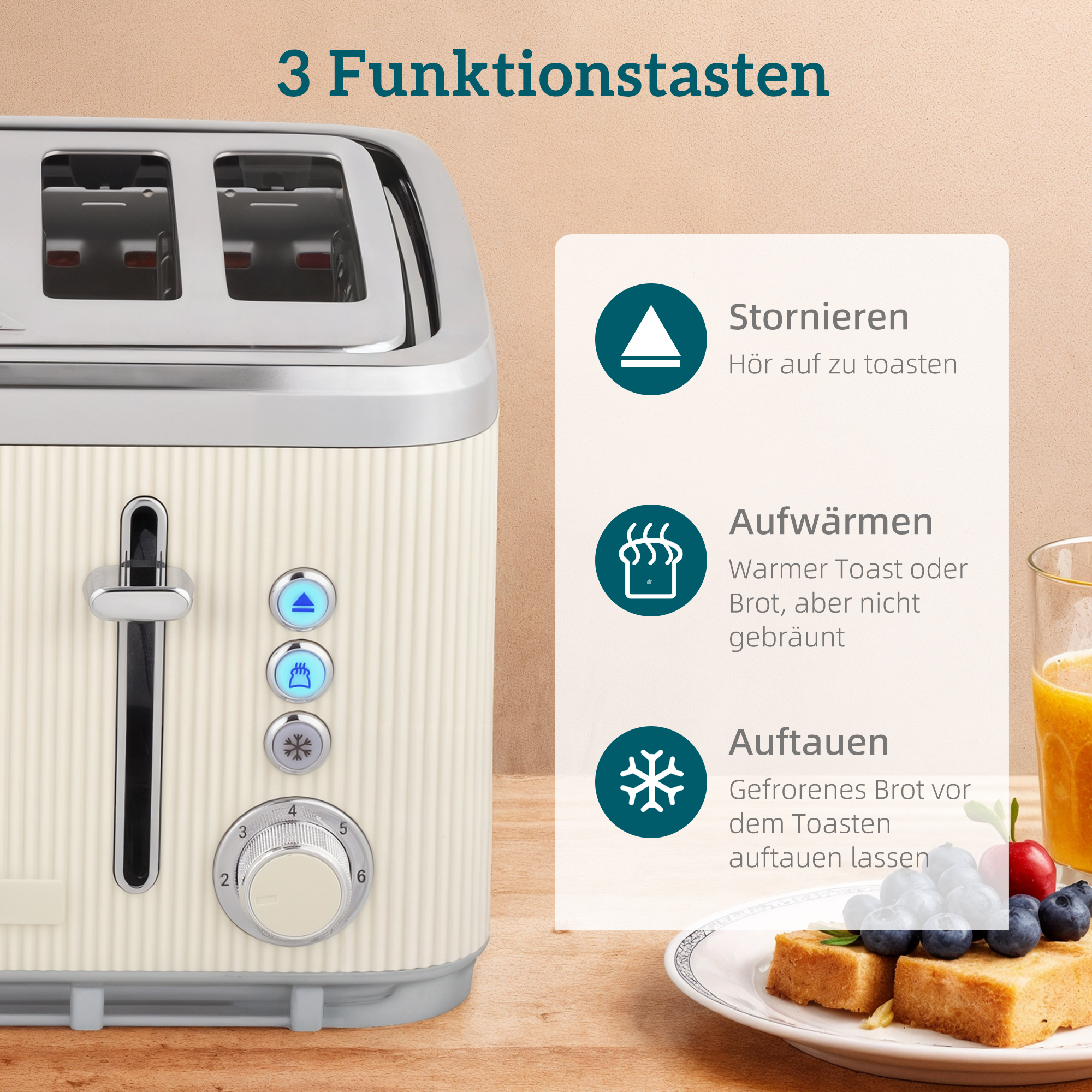 2200W, 1,7L Wasserkocher mit Schnellkochfunktion, Kalkfilter und 4-Scheiben-Toaster mit 7 Bräunungsstufen, Cremeweiß