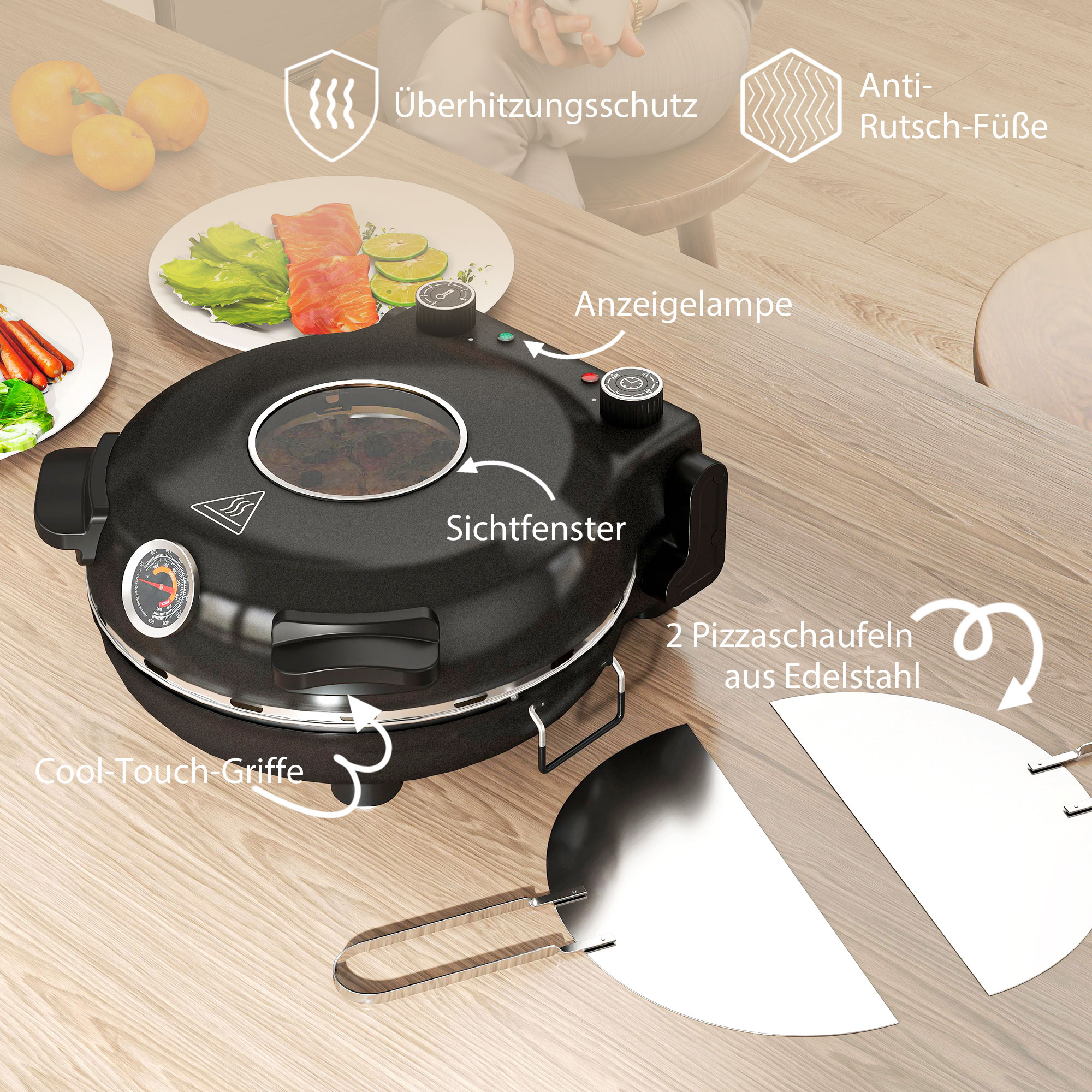 Pizzaofen elektrisch 430 ℃, 1200 Watt Pizzabäcker mit 30cm Steinplatte Timer Sichtfenster Edelstahl Schwarz