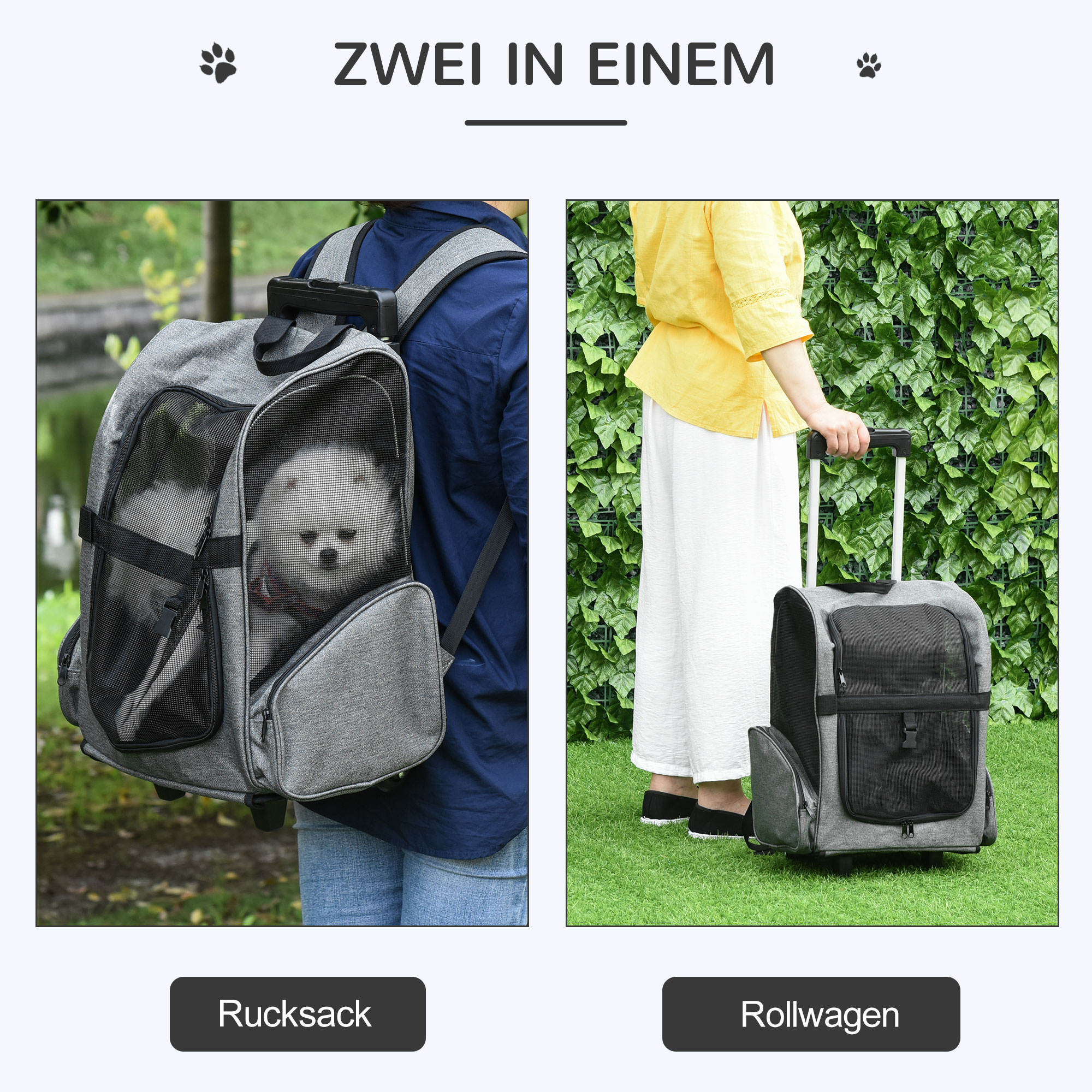 Hundetransporttasche, Haustierrucksack, 2-in-1-Design, ausziehbarer Griff, Seitentaschen, Grau, 42 x 25 x 55cm