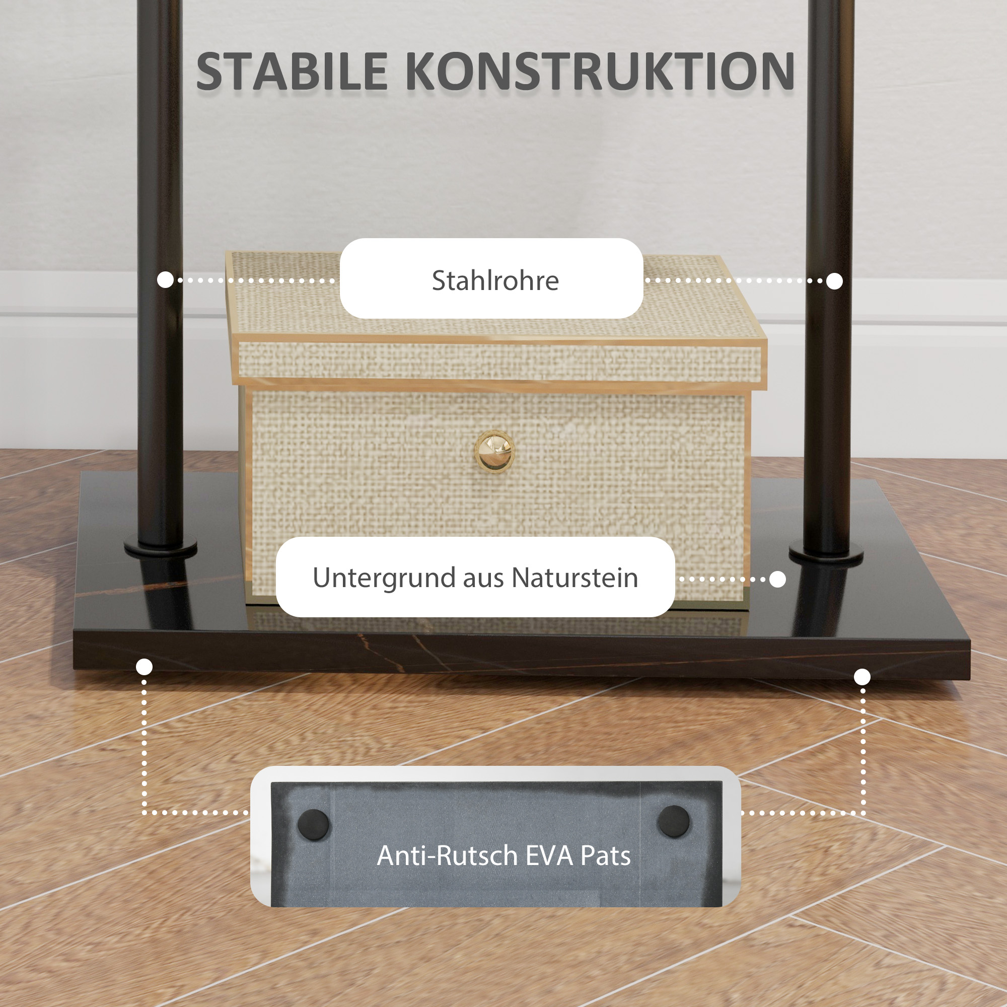 Garderobenständer, Kleiderstange mit Stoppern, 3 Haken, Ablagefach, Kunststeinsockel, Schwarz