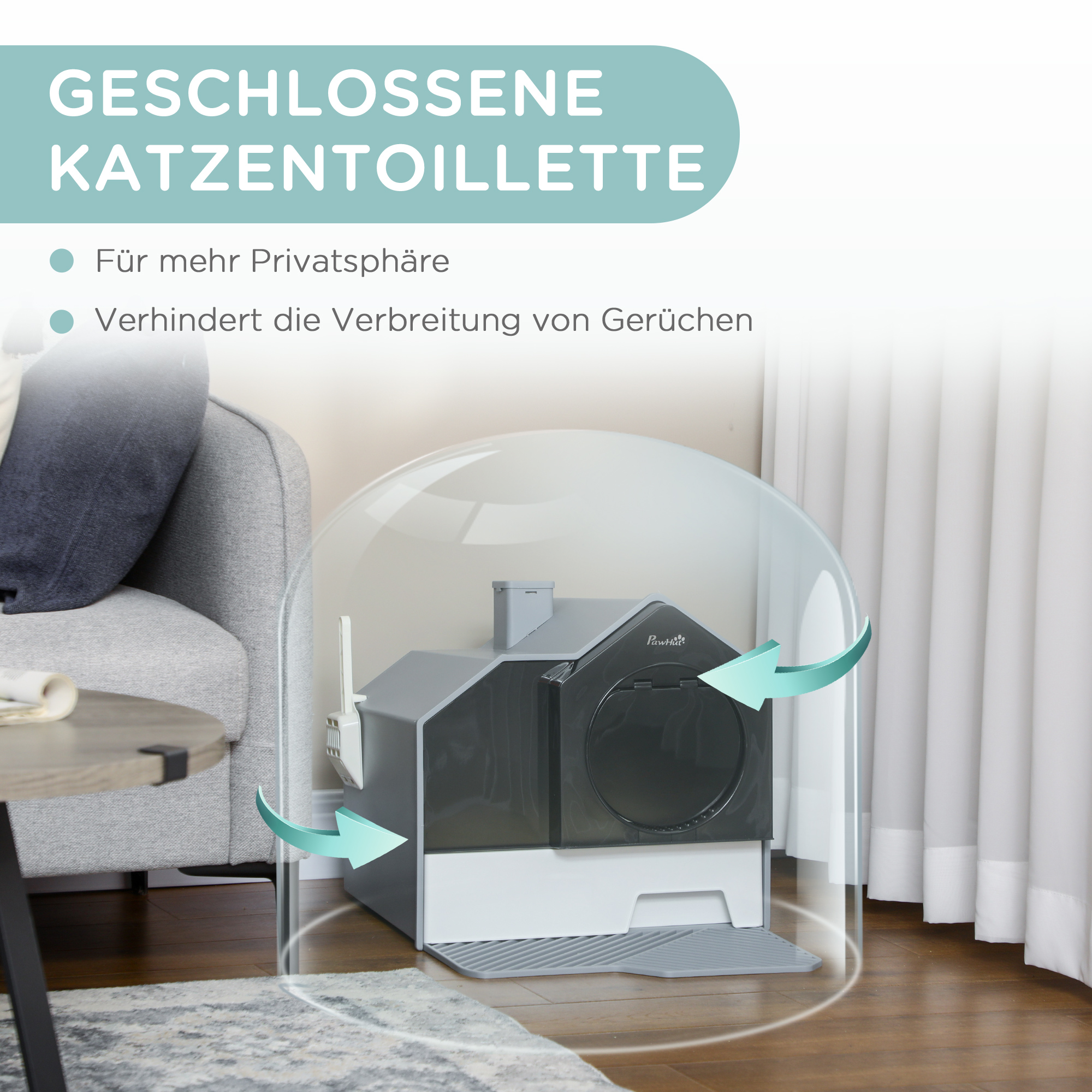 Katzentoilette im niedlichen Design, 1 Siebvorleger, 1 Streuschaufel, herausnehmbare Bodenwanne, Grau