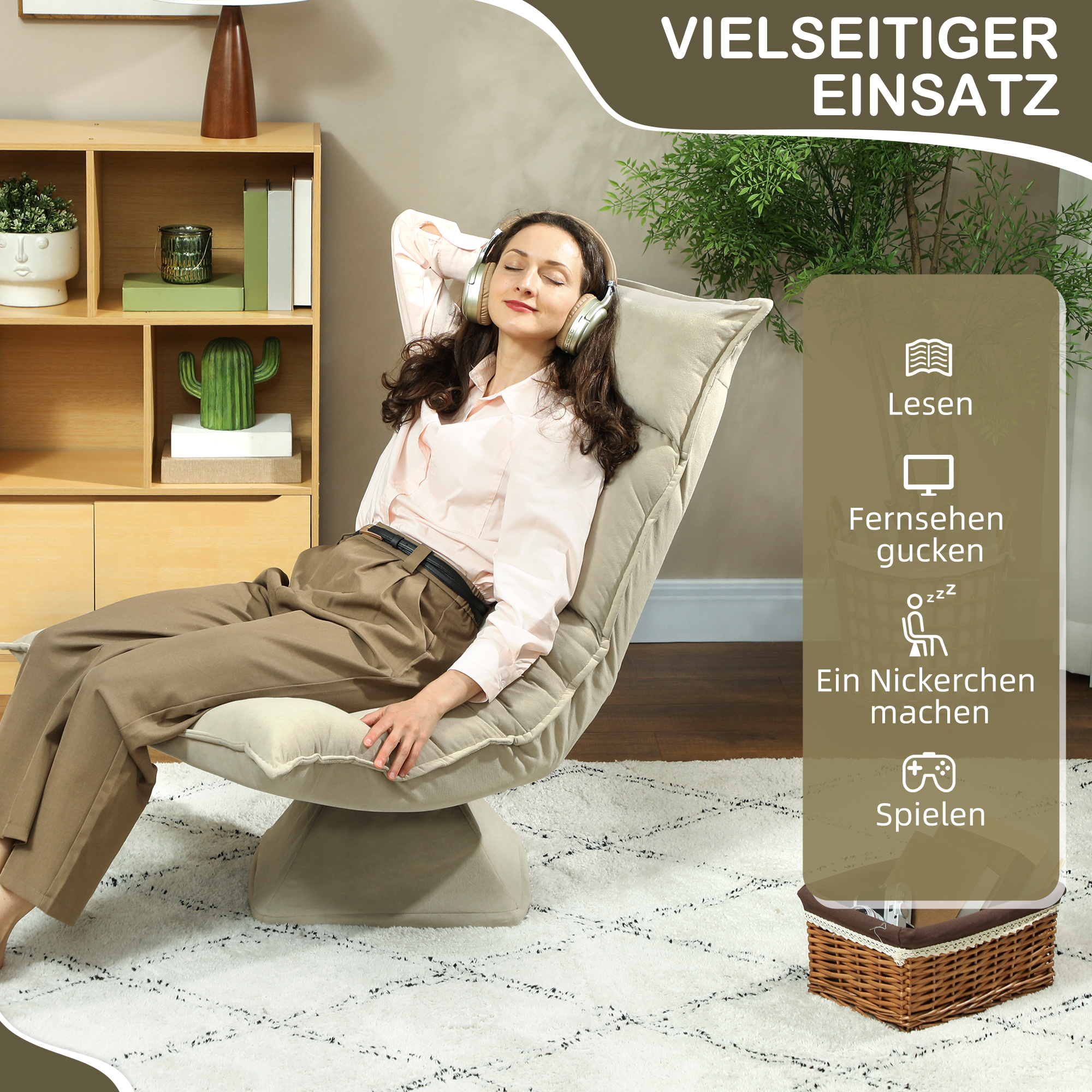 Bodensessel mit 5-fach verstellbarer Rückenlehne, drehbar, moderner Polsterstuhl, Beige