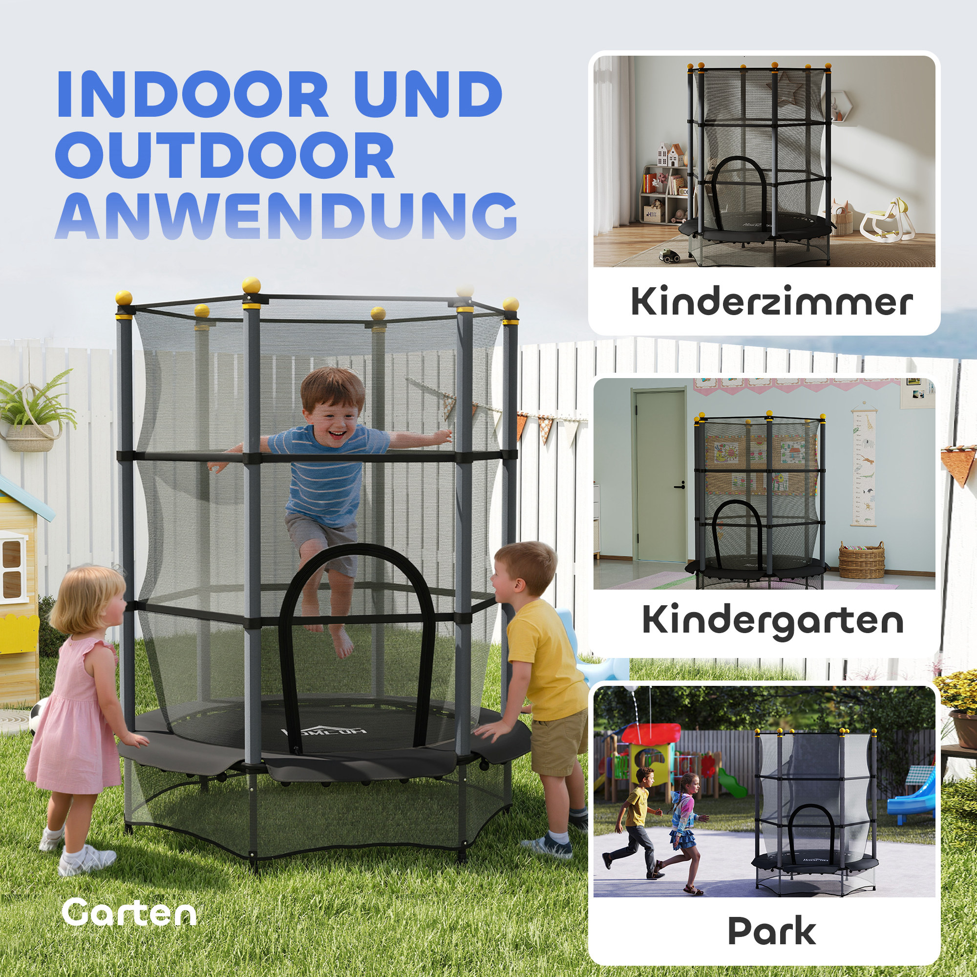 Trampolin für Kinder, Ø140 cm, mit Sicherheitsnetz, für innen und außen, Stahl, Kunststoff, belastbar bis 50 kg, Schwarz