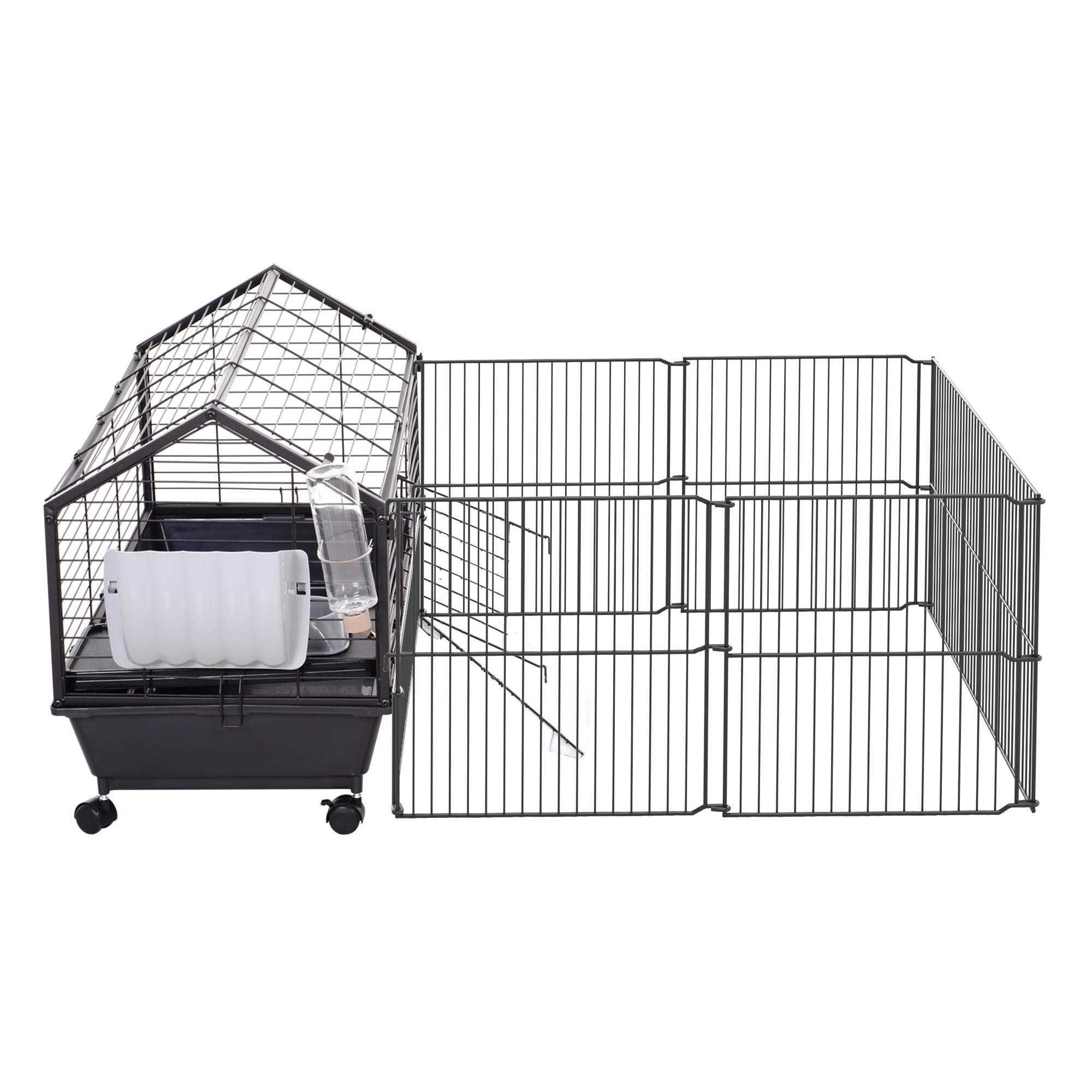 Kleintierkäfig mit Freigehege inkl, Zubehör 88 cm x 128,5 cm x 56 cm  4 Rollen Schwarz Metall Polypropylen
