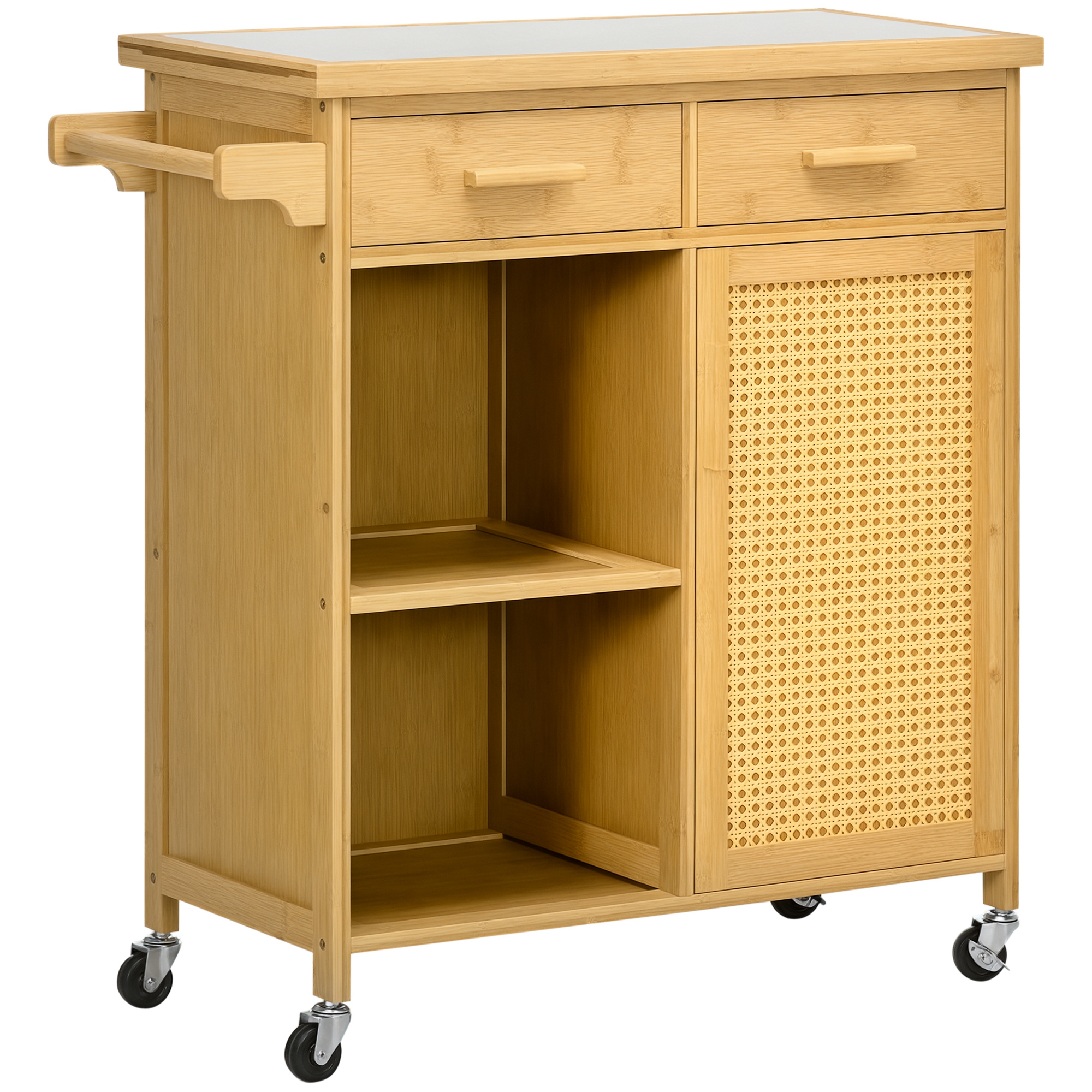 Küchenwagen aus Bambus, Mehrzweckwagen, Sevierwagen, 2 Schubladen, 1 Schrank, 2 Regale, Natur Küchenwagen aus Bambus, Mehrzweckwagen, Sevierwagen, 2 Schubladen, 1 Schrank, 2 Regale, Natur