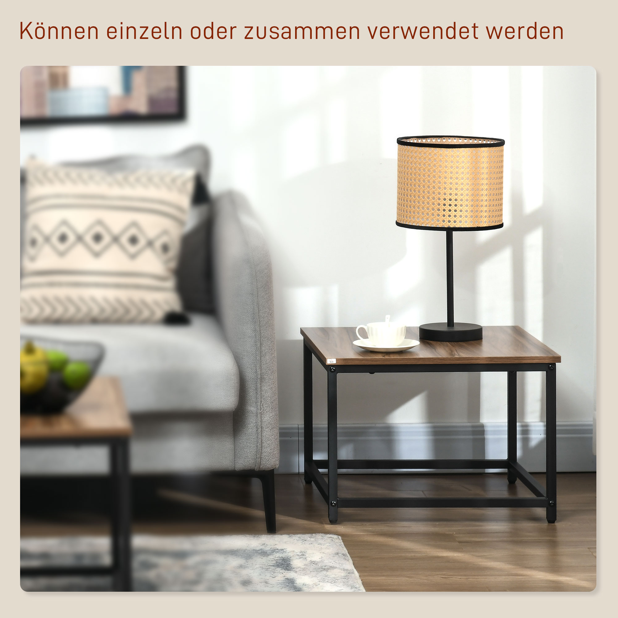 Satztisch-Set aus 2 Beistelltischen, Industrial Design, schwarzer Stahlrahmen, Tischplatte in Holzoptik
