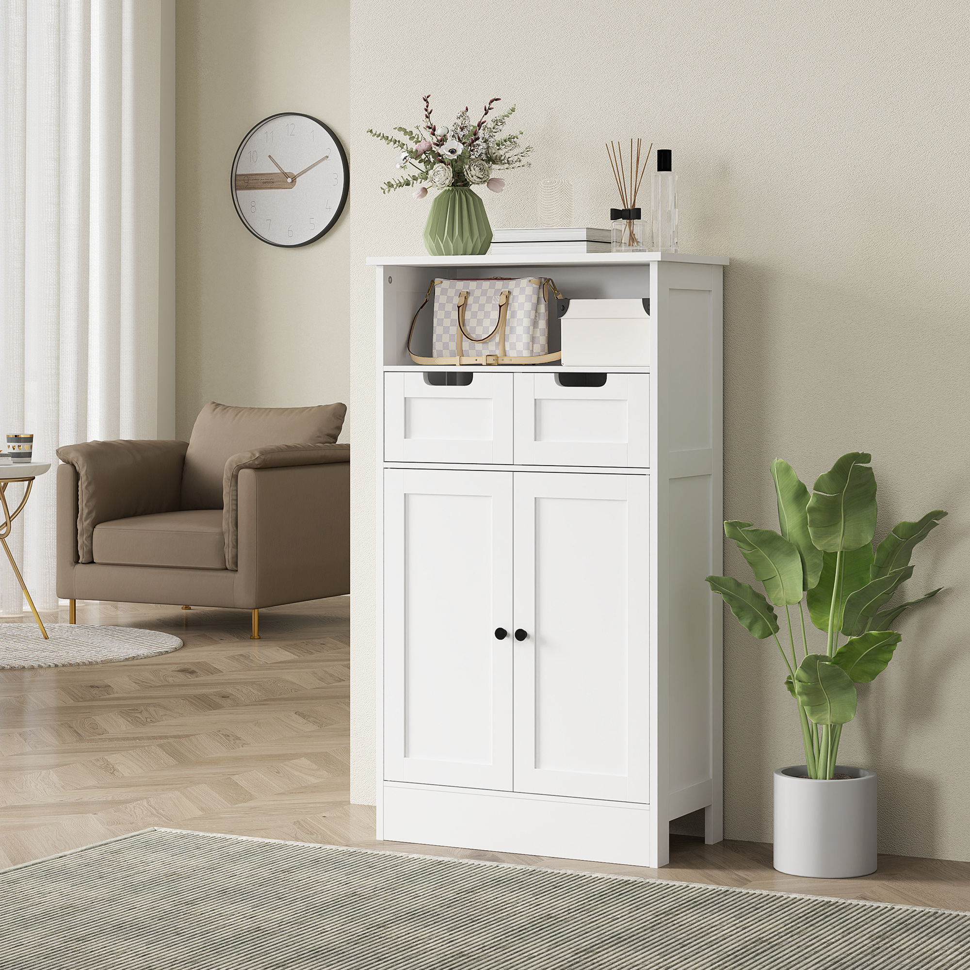 Badezimmerschrank mit 2 Schubladen, Tür, 60 x 30 x 109 cm, Weiß