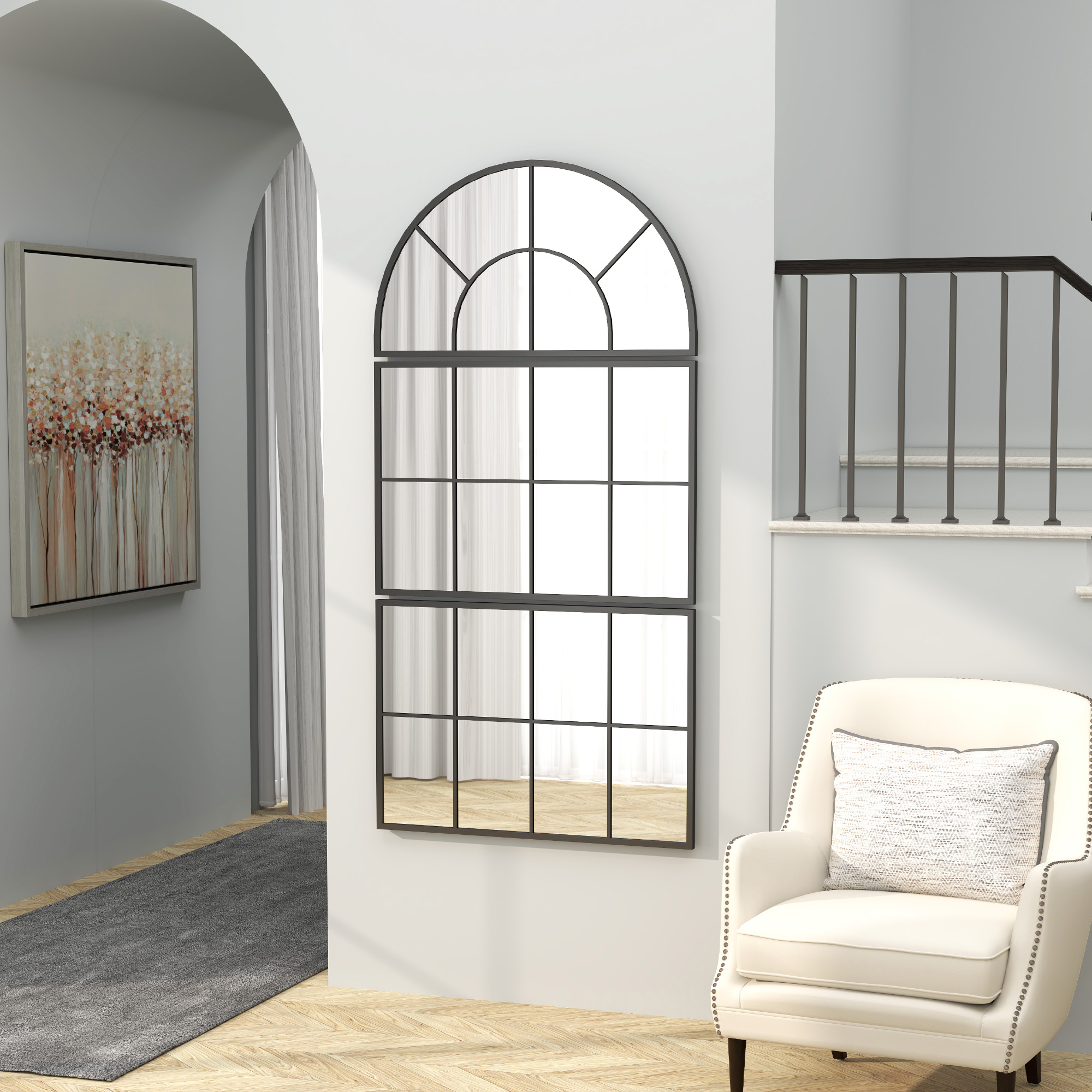 Wandspiegel, Fensterspiegel, dreiteilig, Metallrahmen, 76 x 53 cm, Schwarz