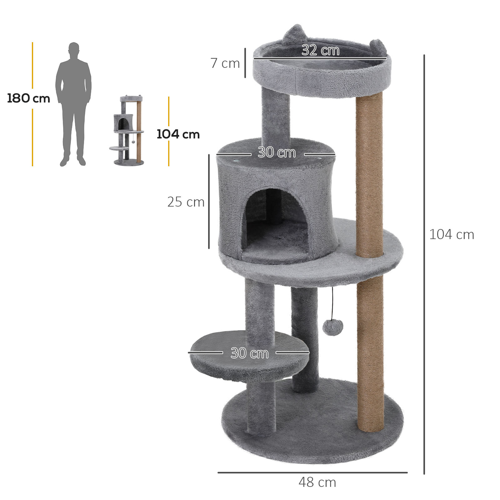 Katzenbaum 4-Stock Katzenhöhle Katzenhaus mit Spielbällen Sitzstange Sisalsäule und Kratzbrett groß stabil luxuriös Sisal Plüsch Grau 48x48x104 cm