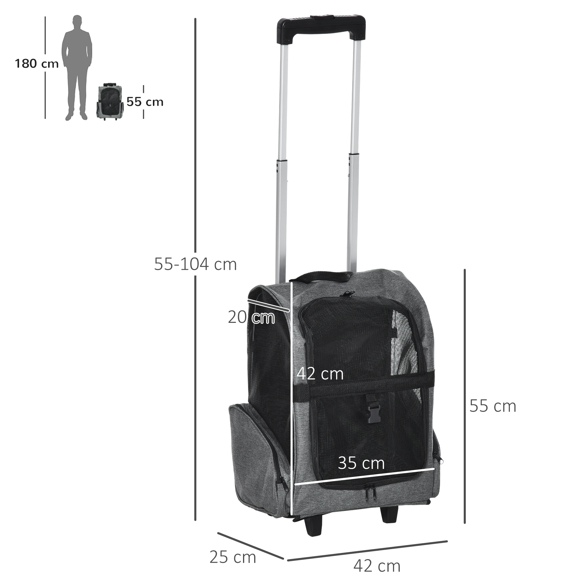 Hundetransporttasche, Haustierrucksack, 2-in-1-Design, ausziehbarer Griff, Seitentaschen, Grau, 42 x 25 x 55cm