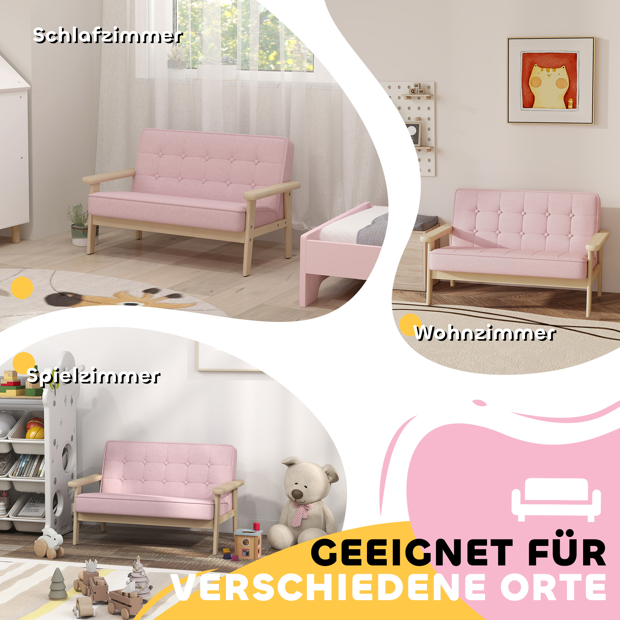 Kindersessel, Kindersofa mit Holzrahmen, Samtoptik, gepolstert, für Kinder von 3-15 Jahren Rosa