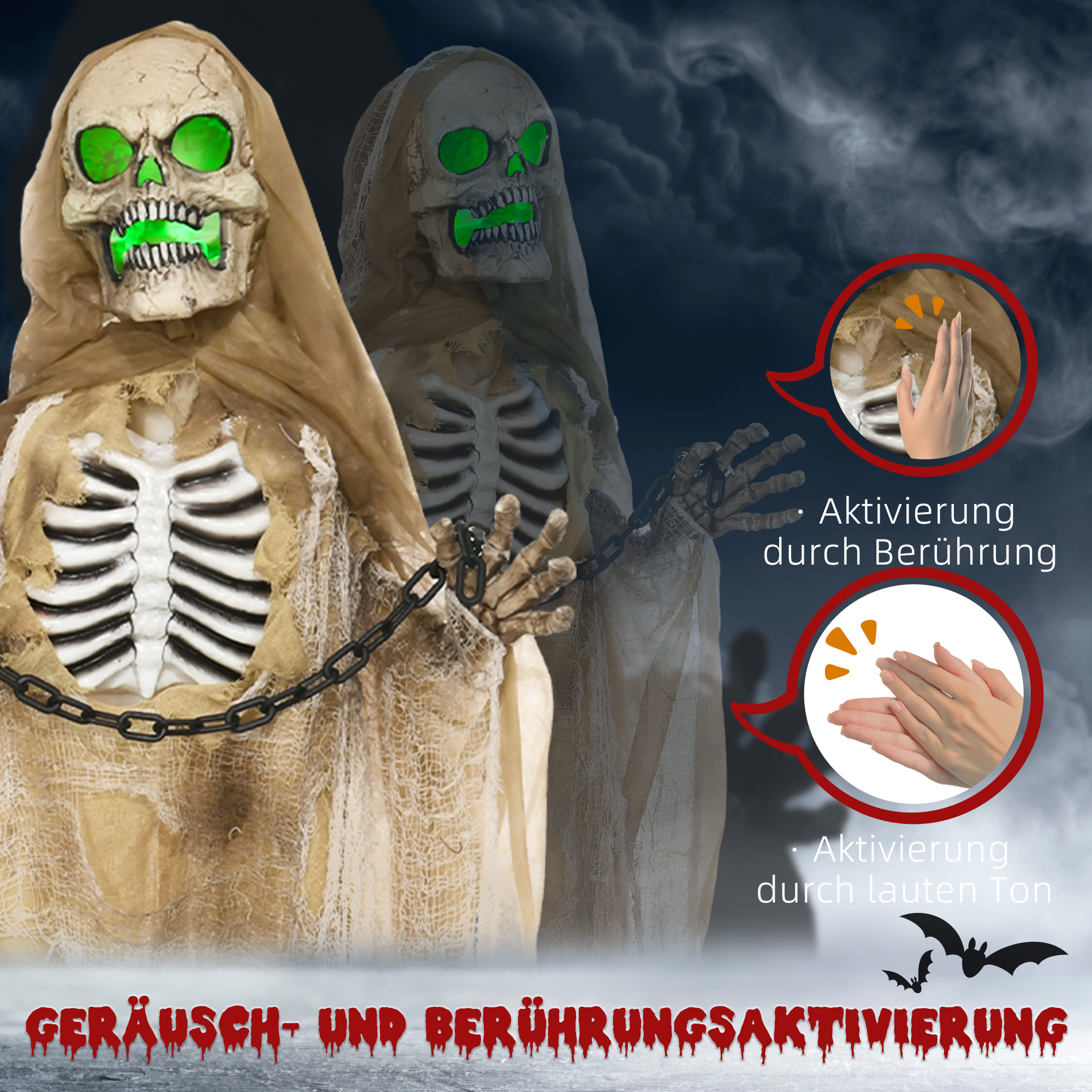 Halloweendekoration, Hängendes Skelett, leuchtender Kopf, unheimliches Heulen, biegsame Arme, Khaki