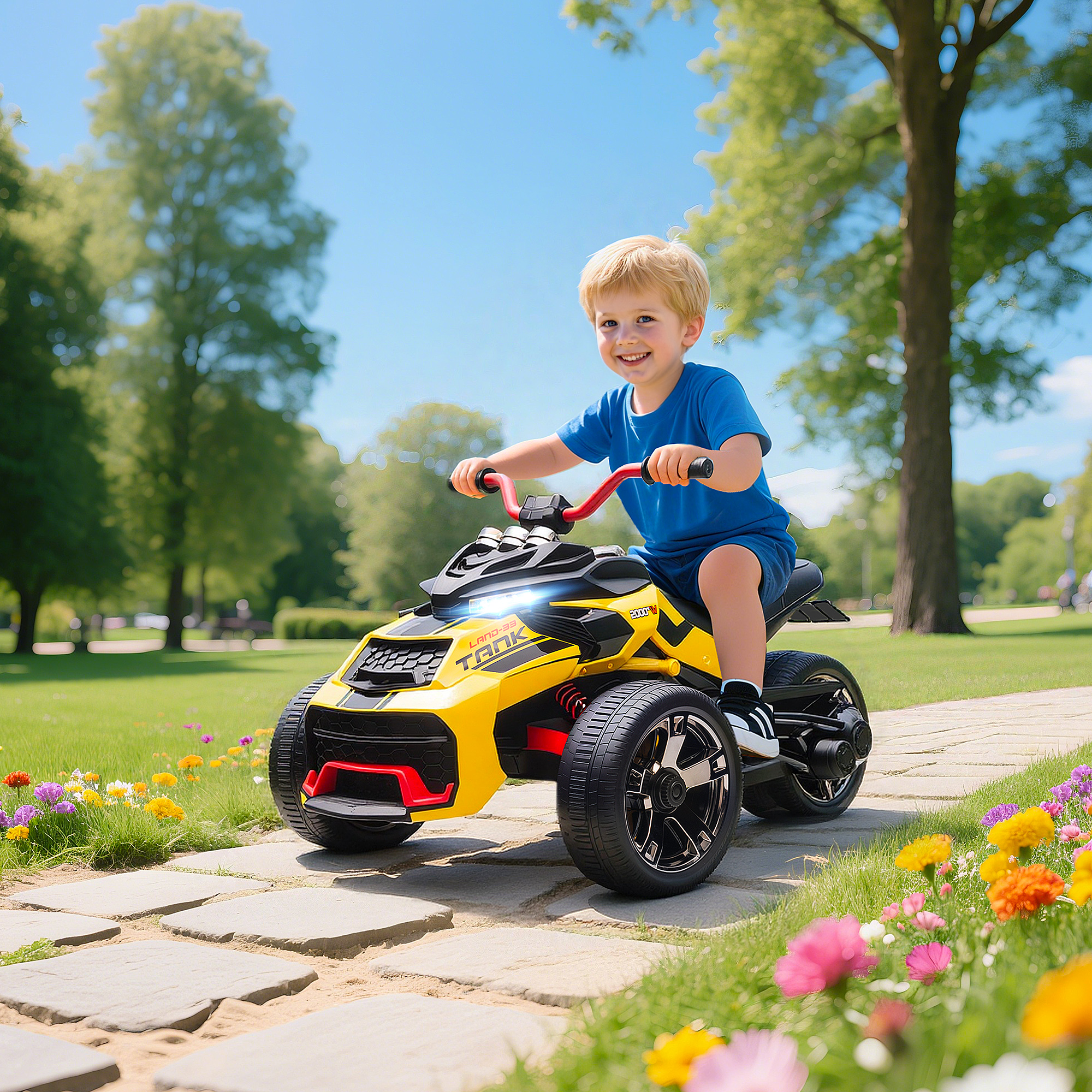 Elektrisches Kinderfahrzeug, Reverse-Dreirad-Design, Batteriebetrieb, MP3-Player, Hupe, 2 Geschwindigkeiten, LED-Lichter, 3-8 Jahre, Gelb