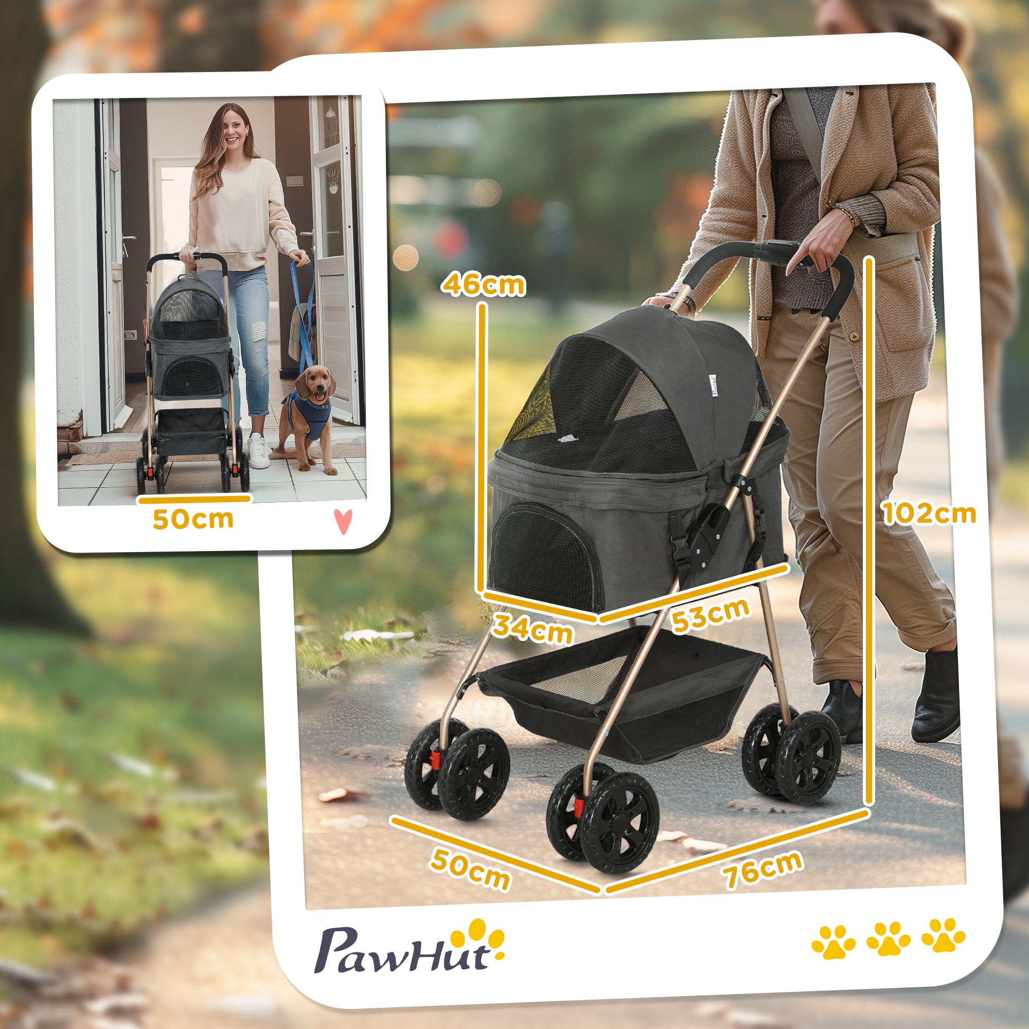 3-in-1-Haustierkinderwagen, zusammenklappbarer Hundewagen mit 4 Rädern und abnehmbarer Trage für Hunde und Katzen, Grau