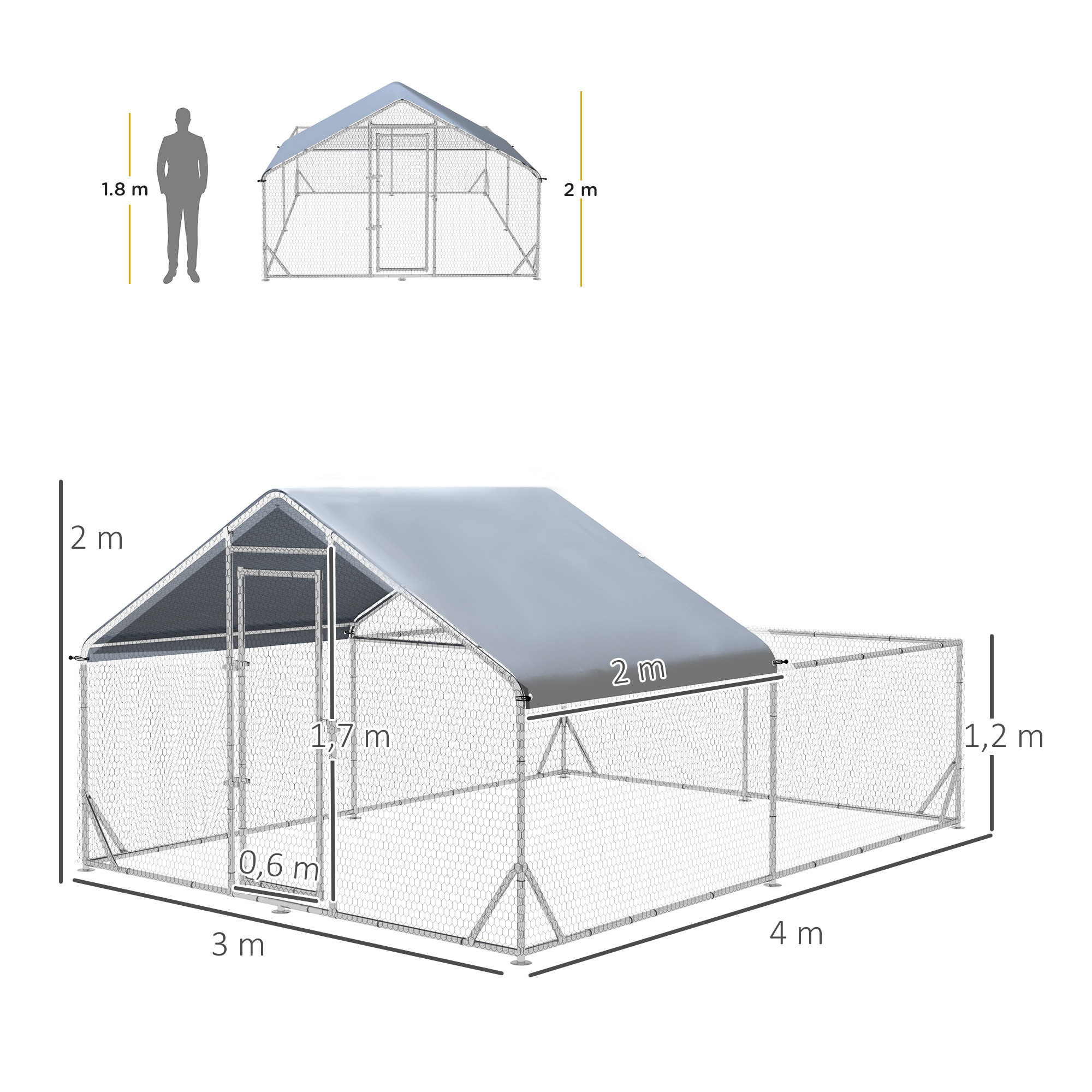 Zwerghühnerstall, wetterbeständig, begehbarer Stall, Stahlgitter, 400 cm x 300 cm x 195 cm, Silber