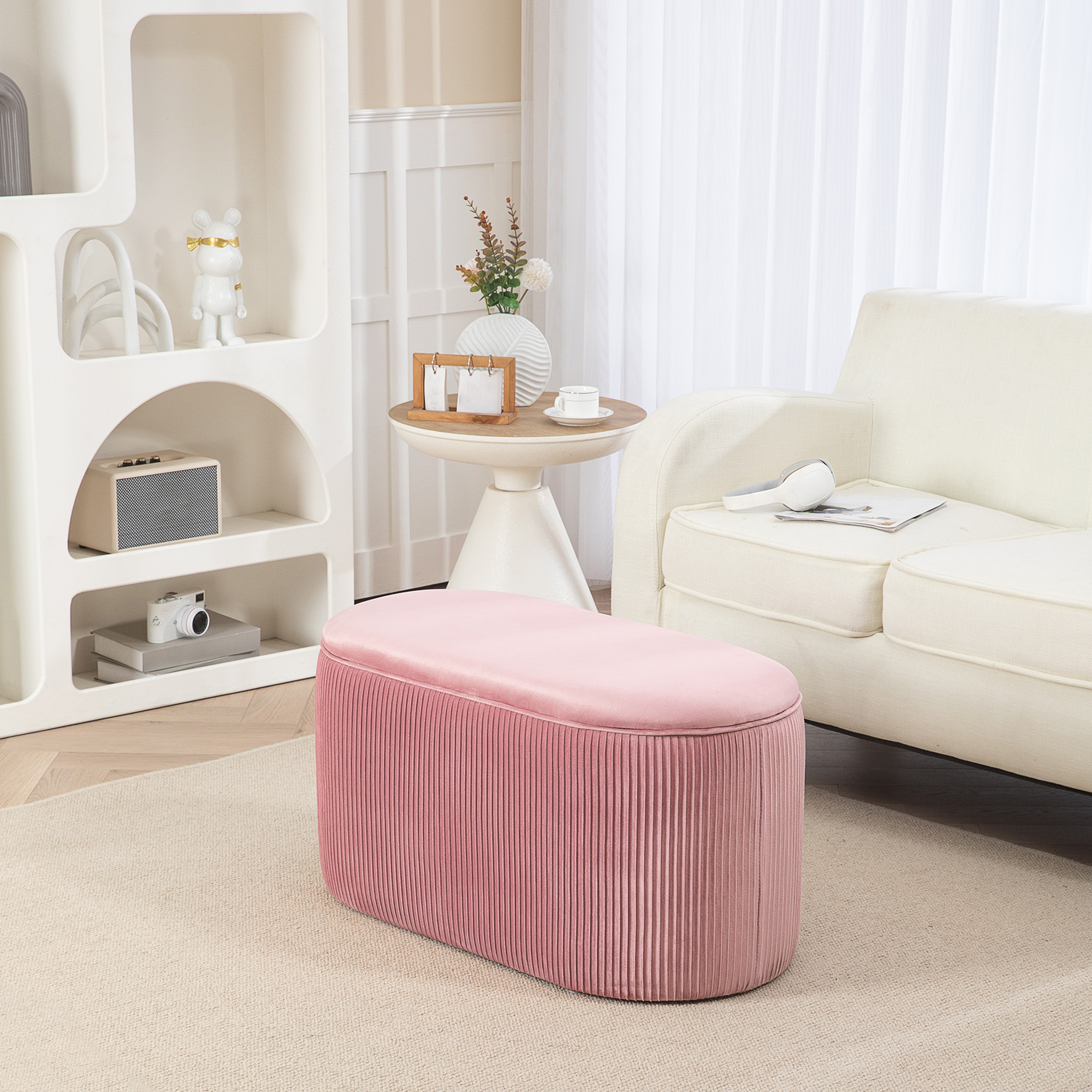 Sitzbank Bank mit Stauraum Polsterbank Ottomane, Retrodesign, Samtoptik, 81 cm x 40 cm x 41 cm, Altrosa