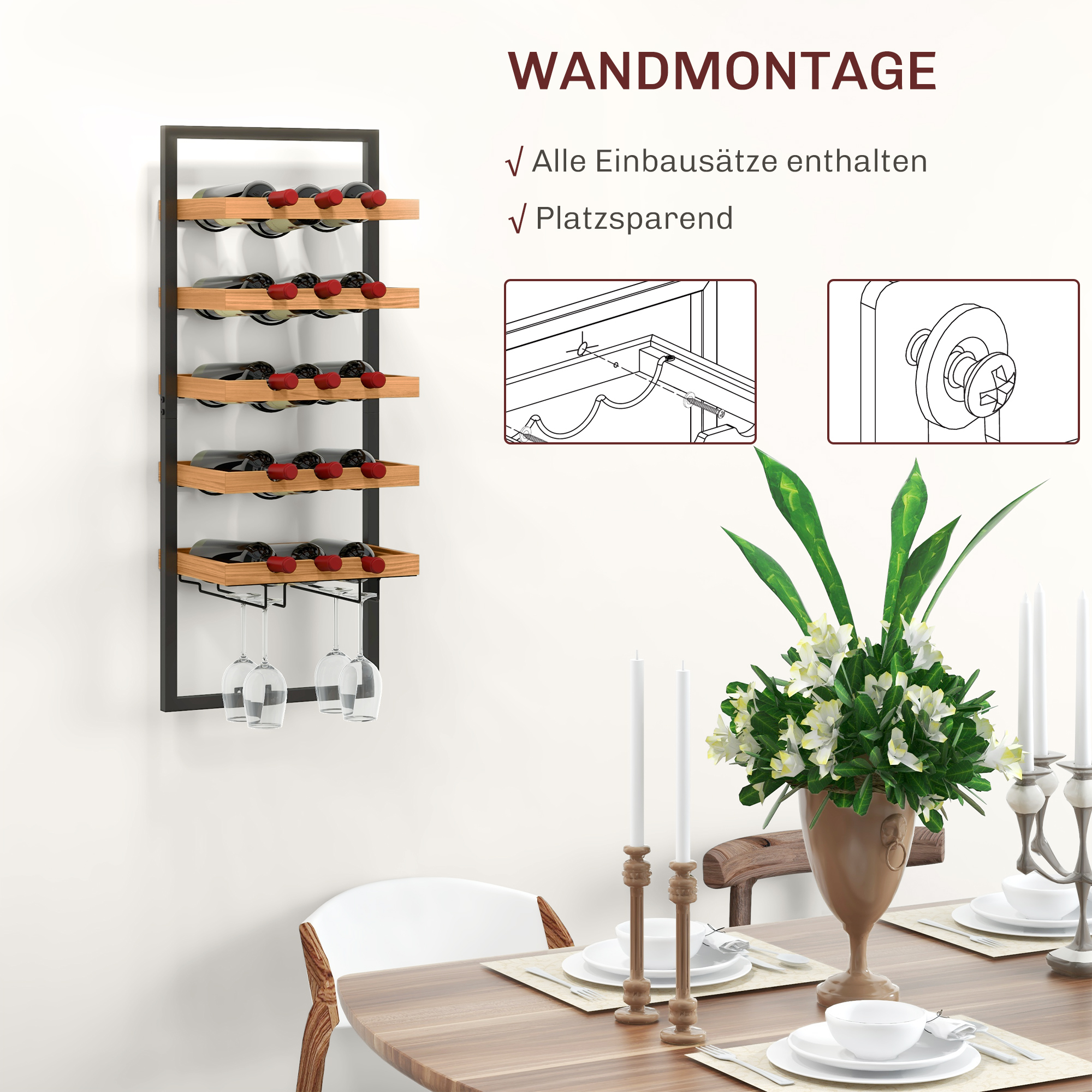 Wand-Weinregal, 5 Ebenen, Flaschenhalter, Gläserhalter, Kiefernholz, Stahl, Hausbar, Küche, Wohnzimmer, Braun