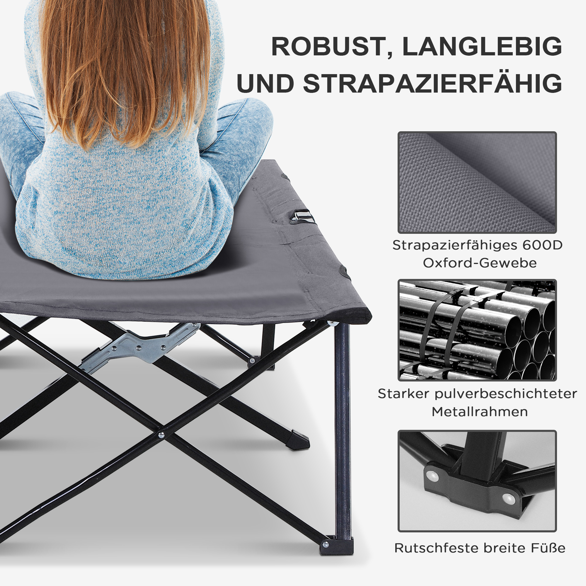 Campingliege, Campingbett für bis zu 2 Personen, 193L x 125B x 40H cm, Grau