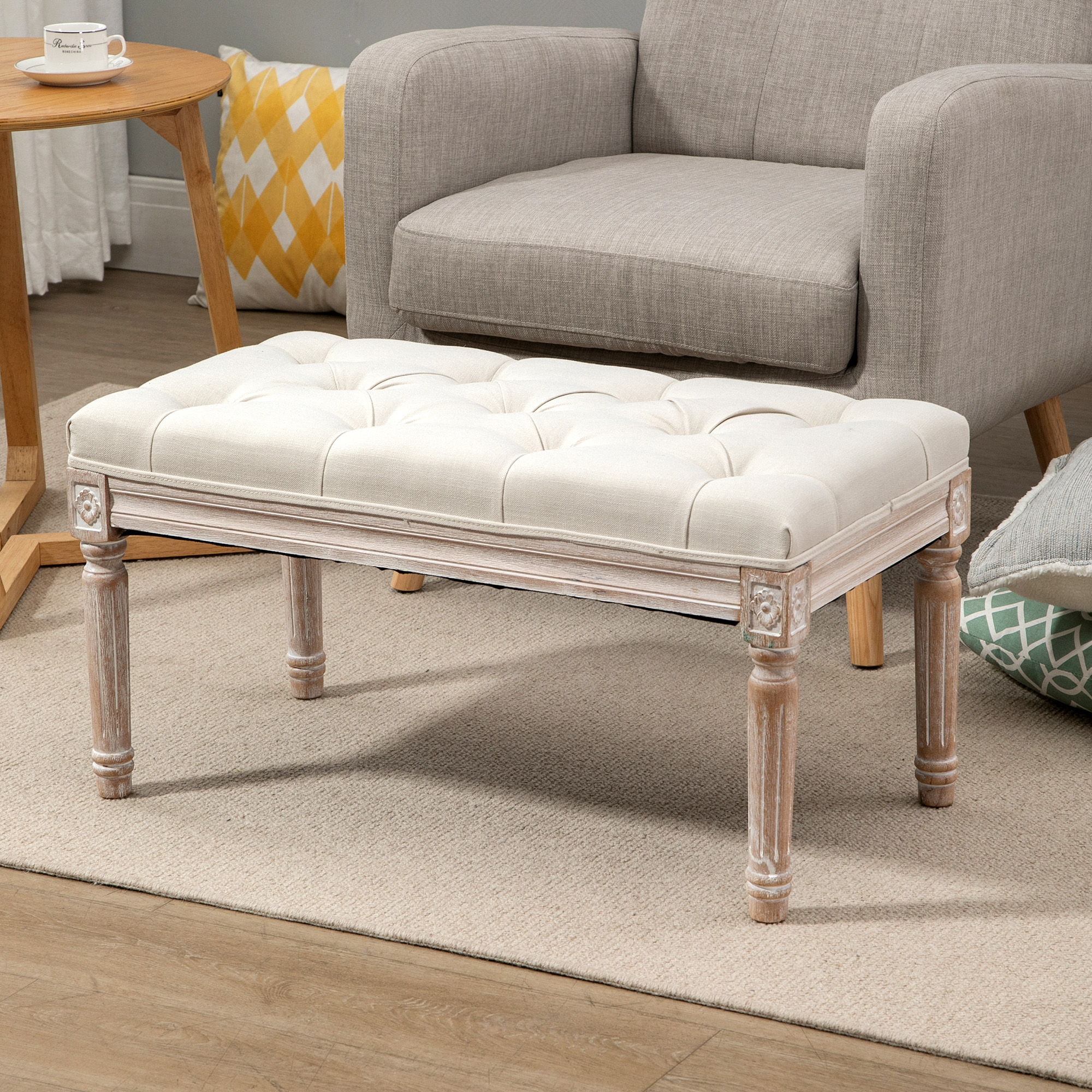 Gepolsterter Sitzhocker, Polsterbank, Fußhocker, Holz und Stoffbezug in Leinenoptik, 80L x 40B x 43H cm, Cremeweiß