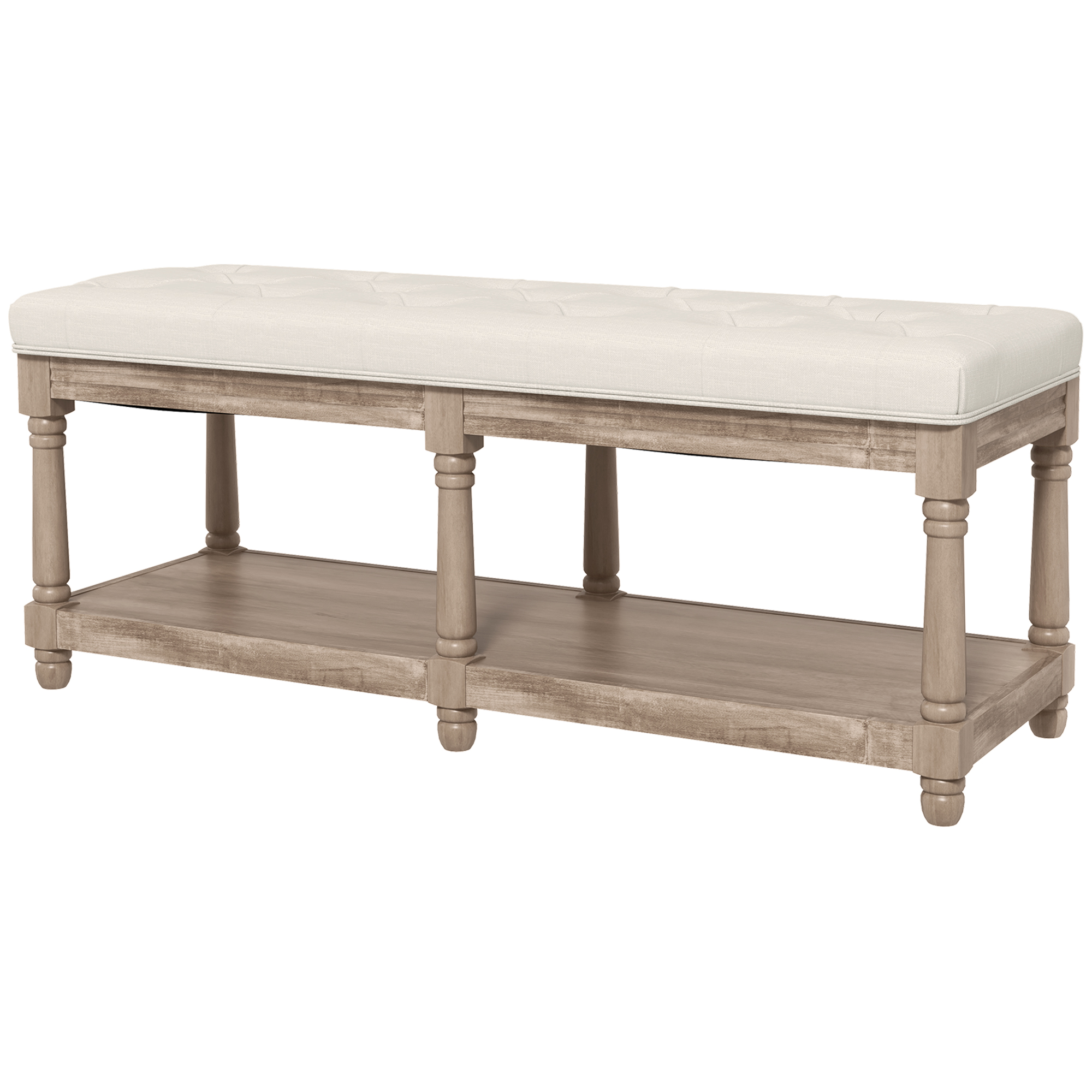 Sitzbank mit Stauraum, Vintage-Design, Knopfheftung, Kautschukbaumholz, 115x40x48cm, Cremeweiß