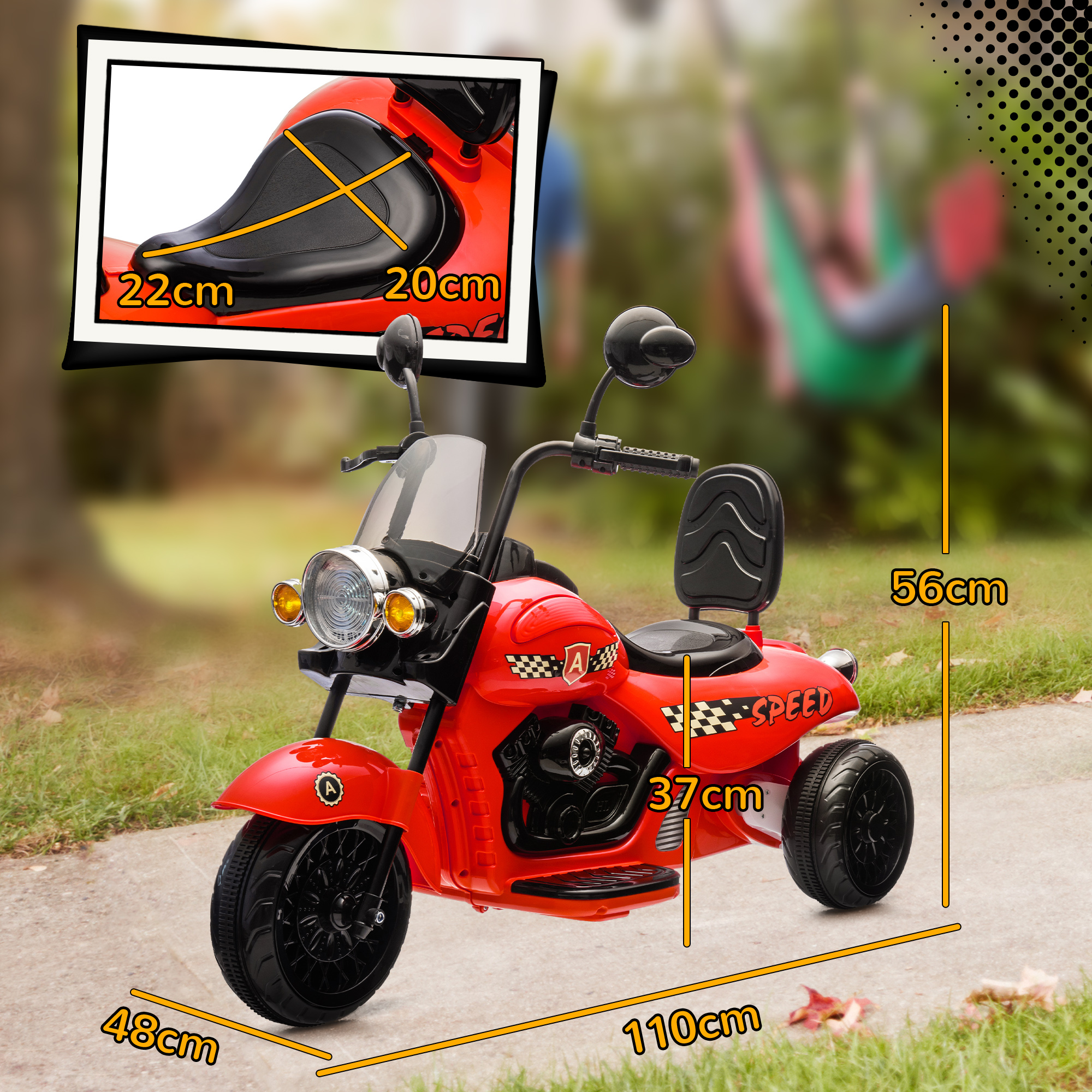 Elektro-Kinder-Motorrad, 3 Räder, 6V Batterie-Betrieb, Scheinwerfer, Musik, für Kinder im Alter von 3-6 Jahren, Rot