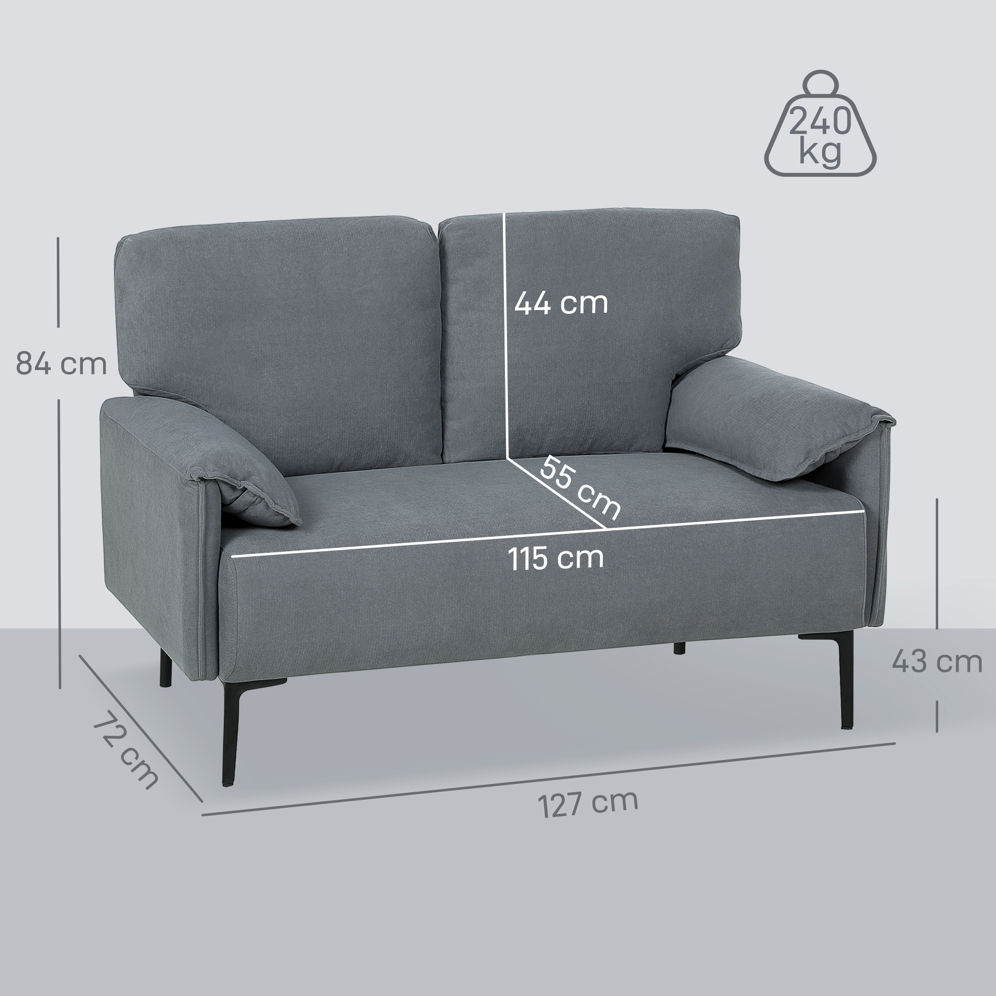 2-Sitzer-Sofa, dicke Kissen, samtiger Bezug, Polstersofa, Schwarz
