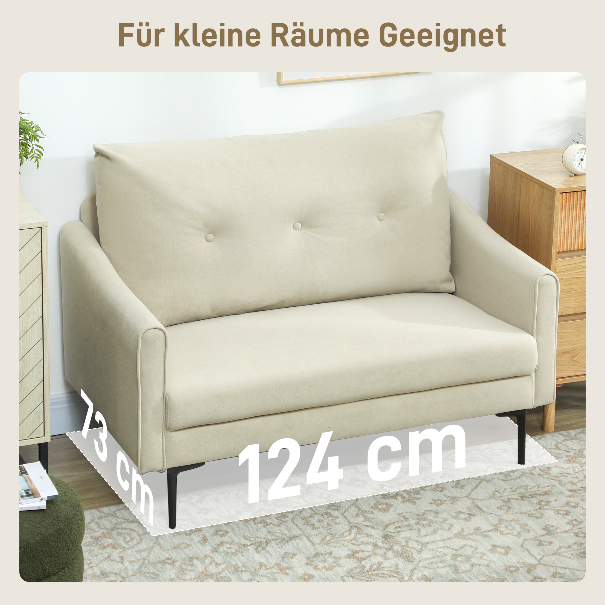 2-Sitzer-Sofa mit Schaumstoff-Polsterung und Stoffbezug, für Wohnzimmer, Schlafzimmer, Metallrahmen, Cremeweiß