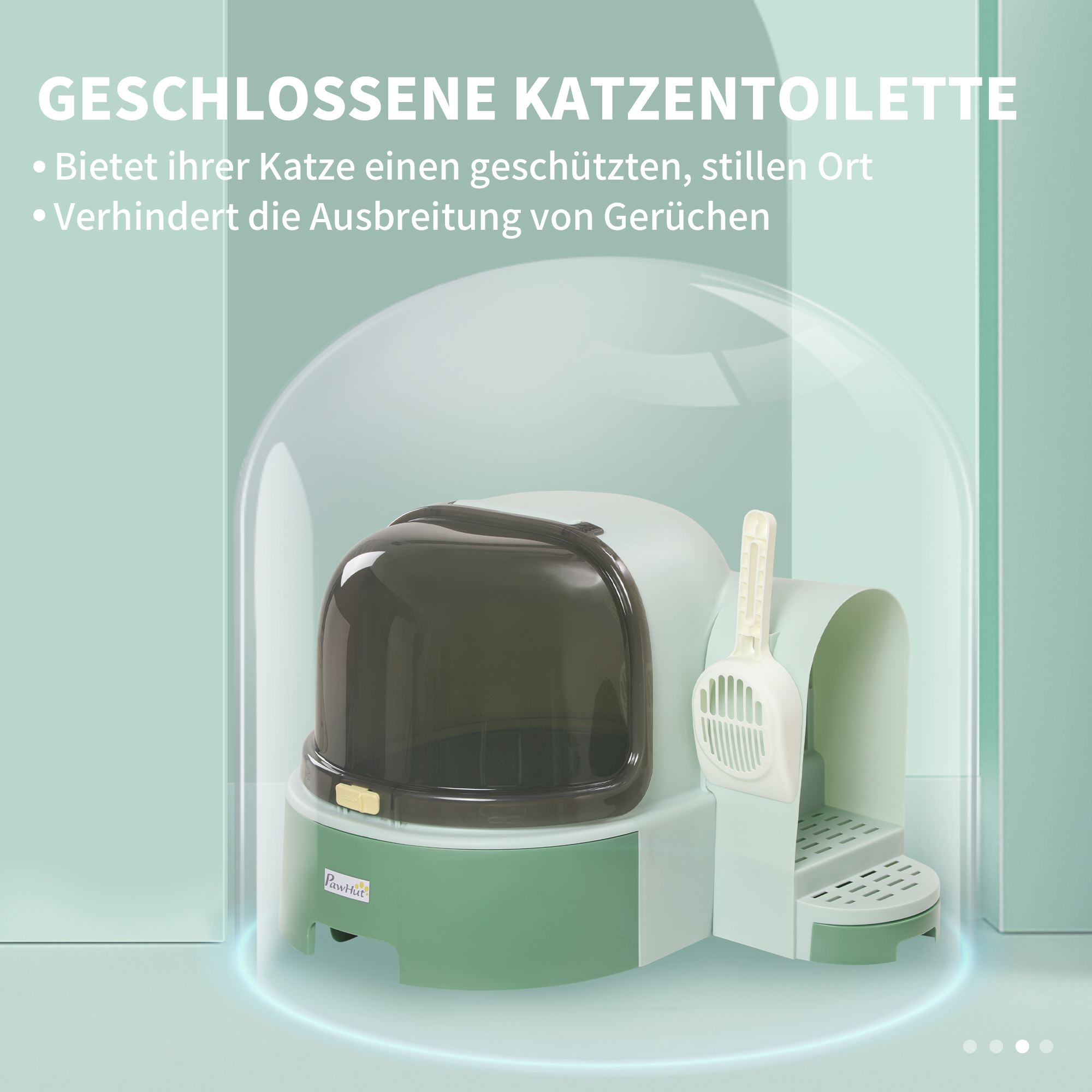 Katzentoilette, 2 herausziehbare Bodenwannen, 1 Schaufel, Streuauffangfach, abnehmbare Haube, Grün + Schwarz