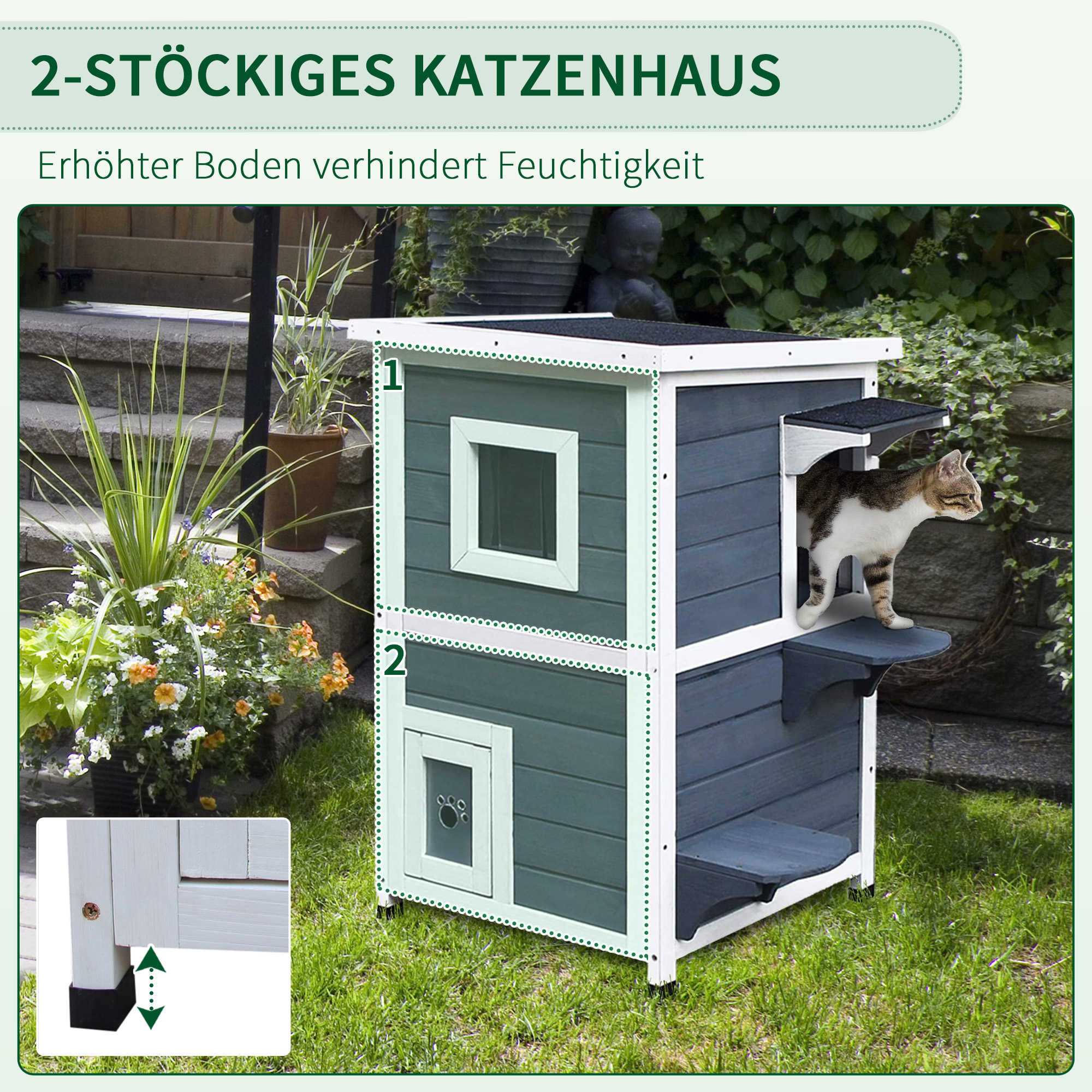 Katzenhaus aus Holz 2 Etagen Winterfest wasserdicht Katzenhütte mit Asphaltdach Treppen Fenster Katzenhöhle Outdoor Schutzhütte für Draußen Garten Balkon 51 x 51 x 81,3 cm Grau