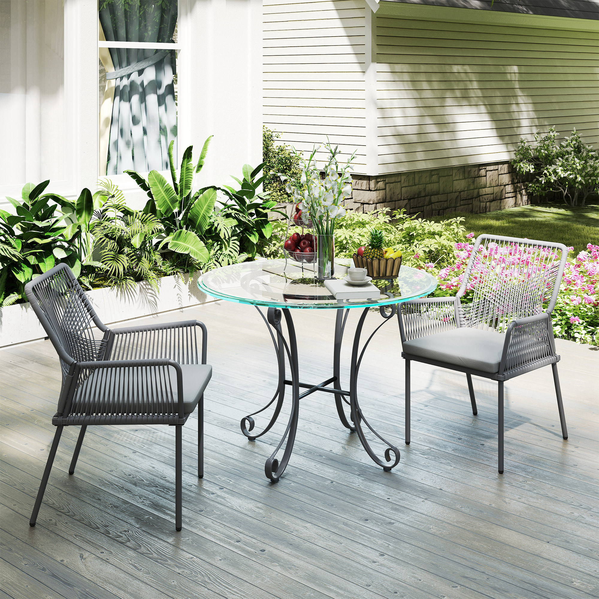 2er-Set Gartenstühle, Terrassenstühle, waschbare Kissen, Rückenlehne, Armlehnen, Stahl, Rattan, Dunkelgrau