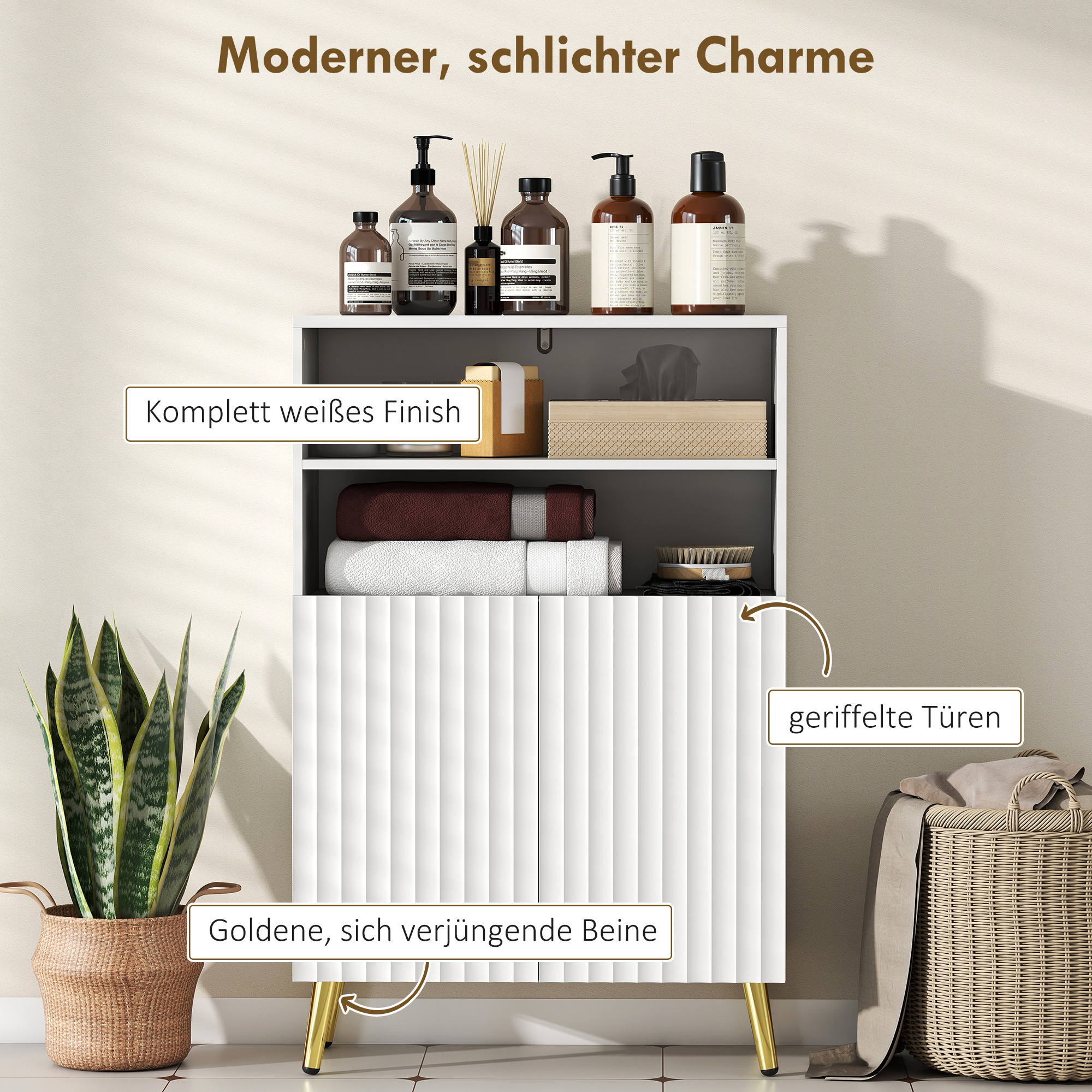 Badezimmerschrank, Kommode für Wohnräume, Soft-Close-Türen, 2 offene Regale, MDF, Weiß