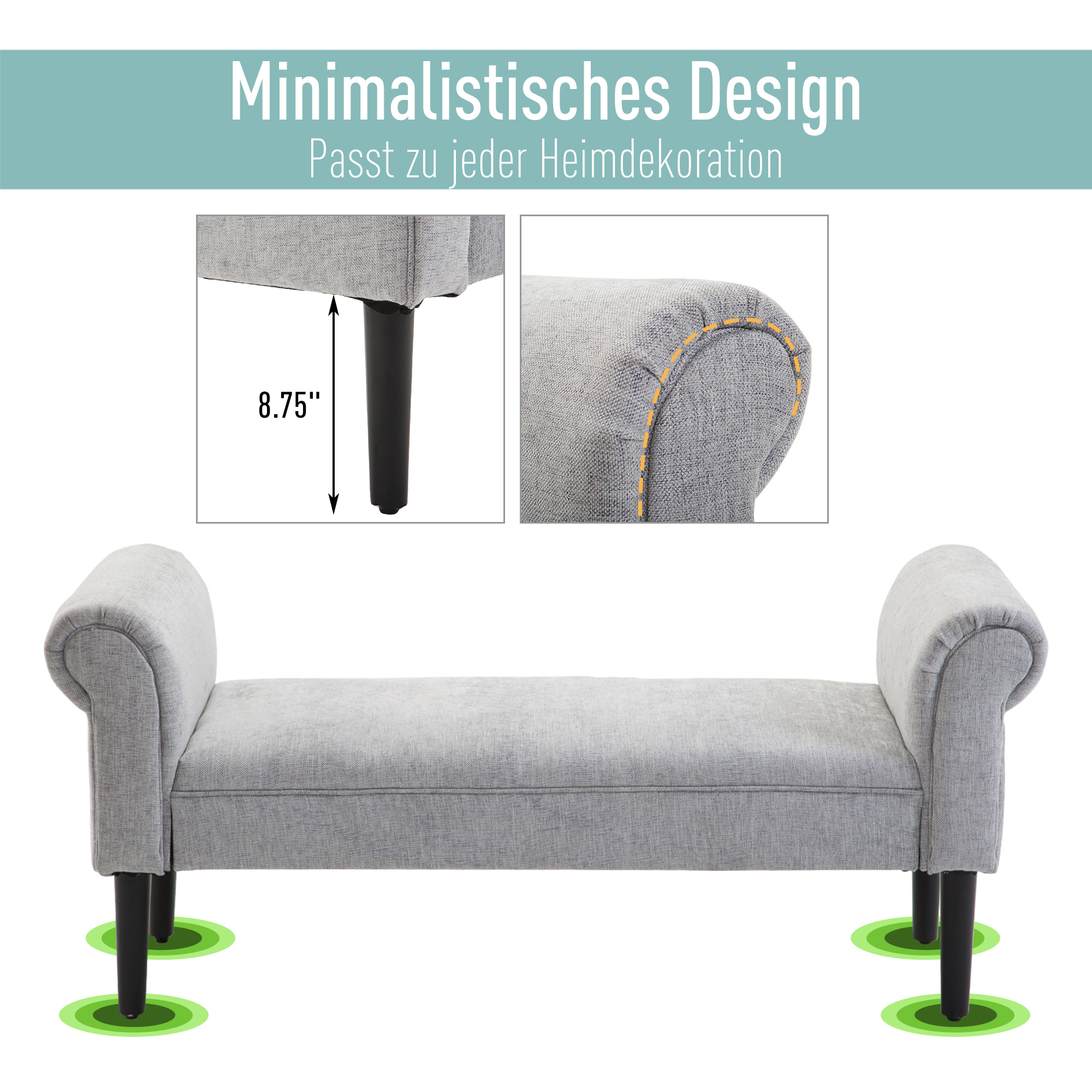 Polsterbank Sitzbank Lounge Sitzhocker Flurbank Bettbank elegant mit gerollten Seiten Leinenstoff Schaumstoff Polyester Hellgrau 132 x 45,5 x 58 cm