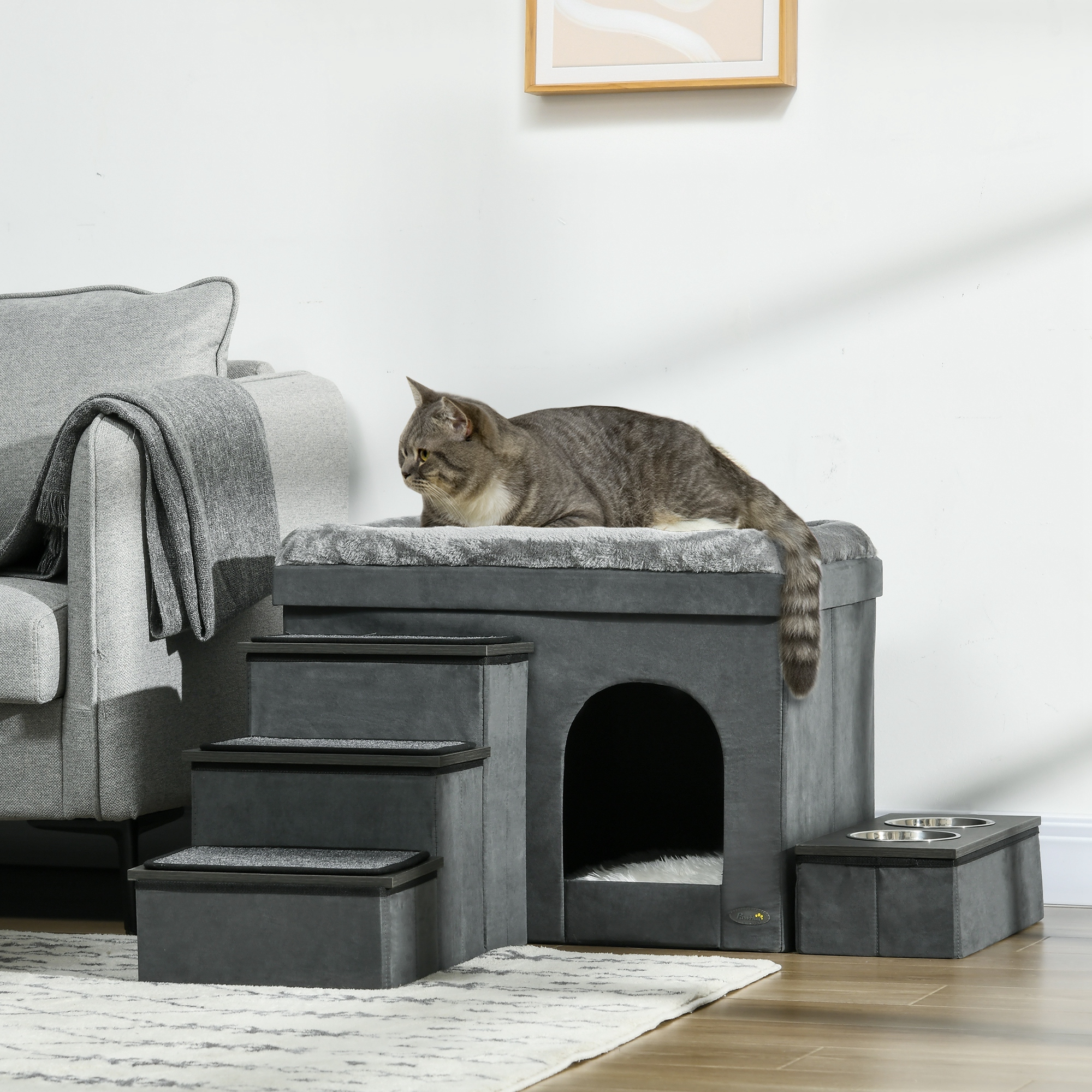 Katzenhaus Katzenhütte Katzenhöhle, 3 Haustiertreppen, 2 Fressnäpfe, 70 x 50 x 51, cm,  Grau