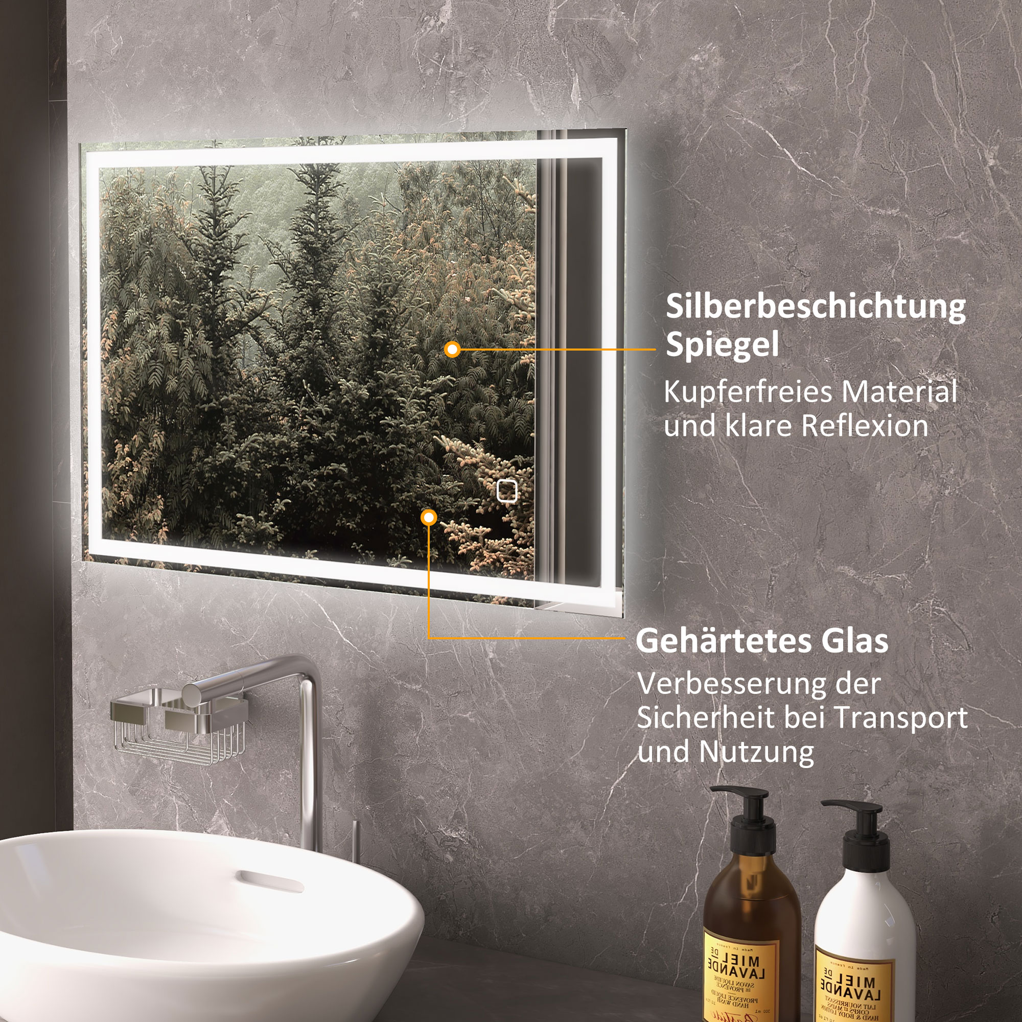 Badspiegel Badezimmerspiegel Wandspiegel LED´s, Berührungsschalter, Weiß